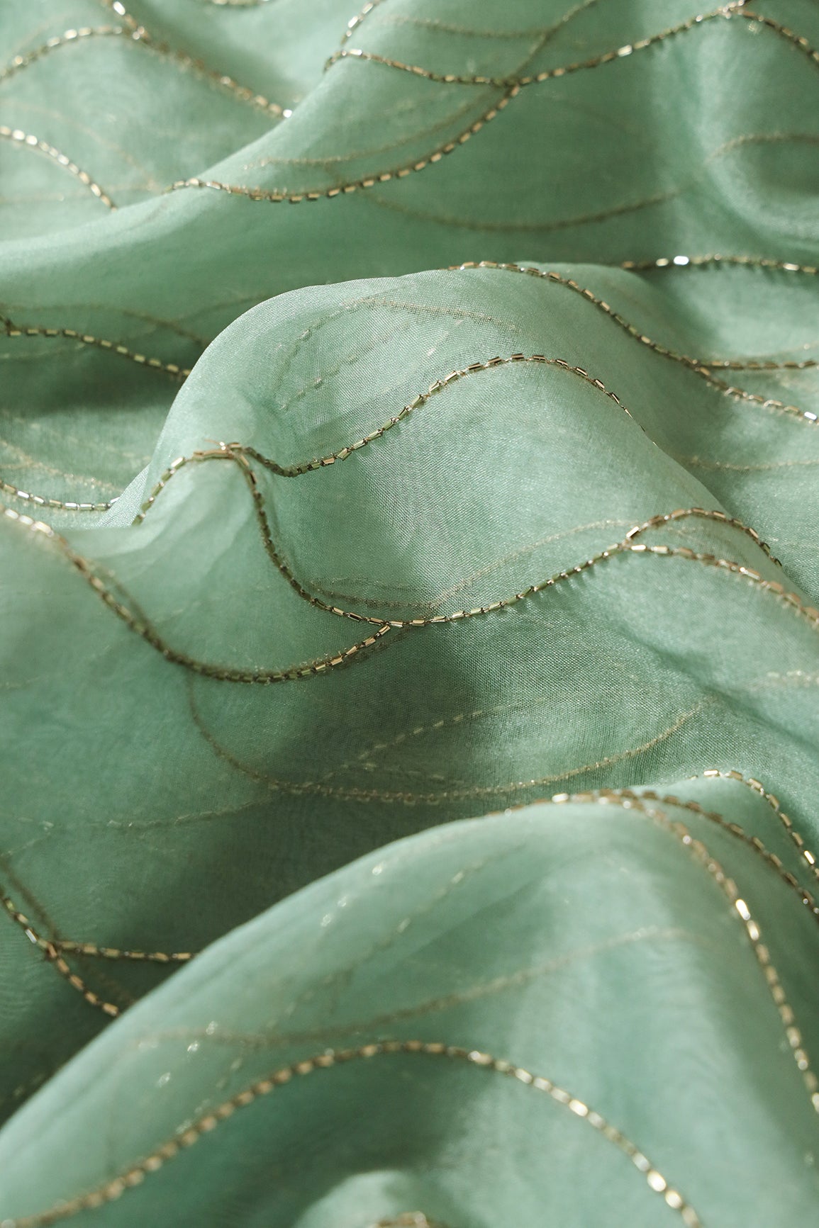 Cut Dana Beads Wonderful Wavy Embroidery On Olive Organza Fabric