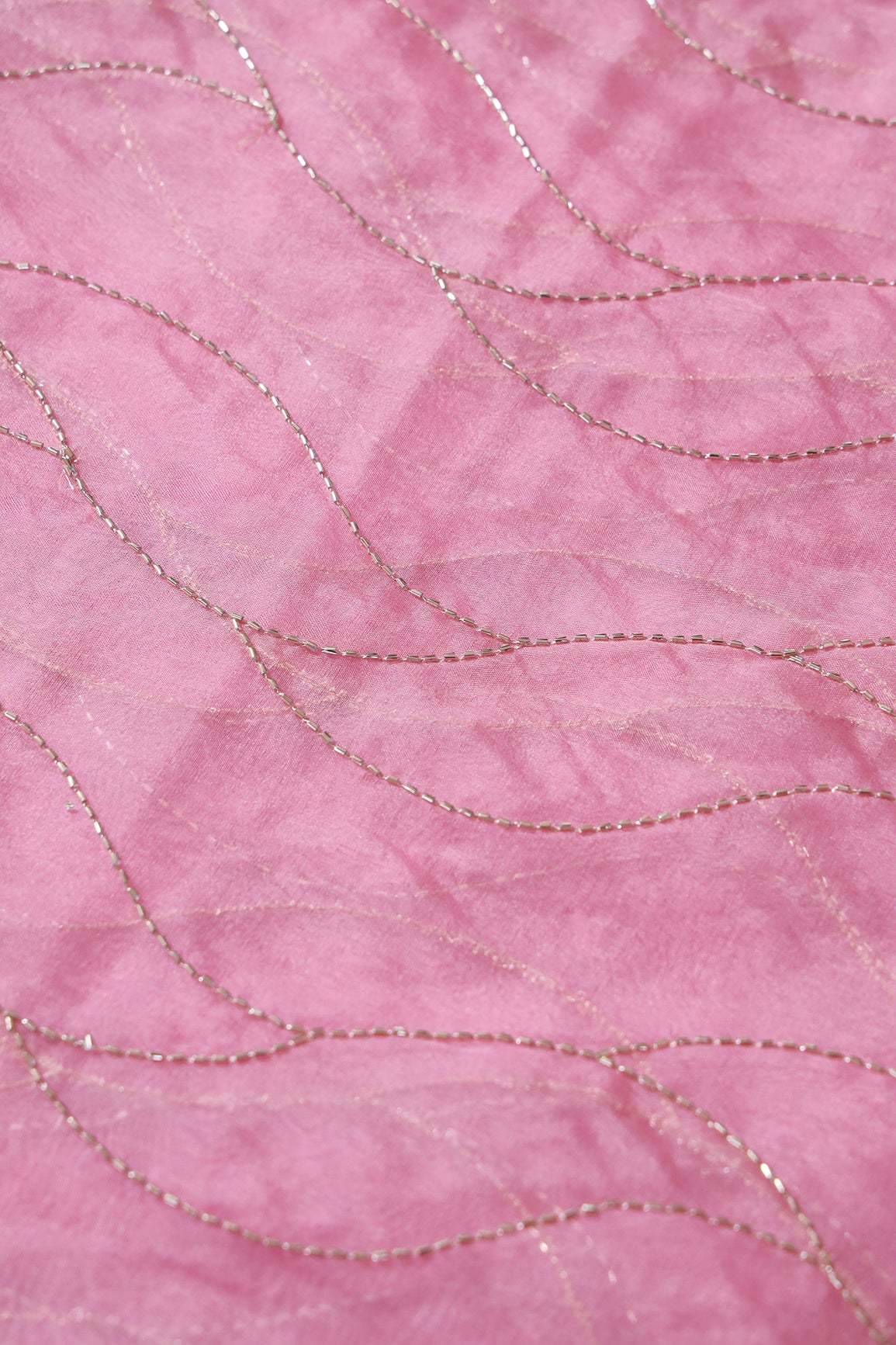 Cut Dana Beads Wonderful Wavy Embroidery On Gajri Pink Organza Fabric