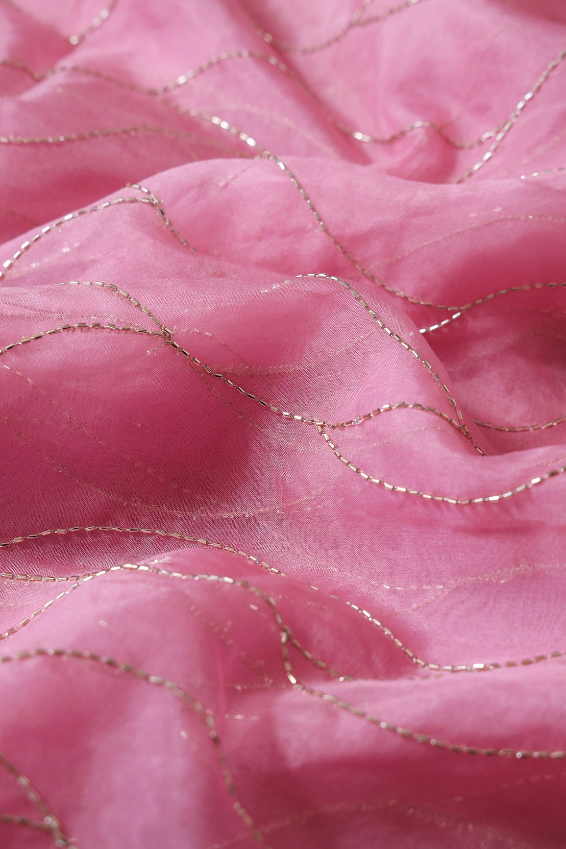Cut Dana Beads Wonderful Wavy Embroidery On Gajri Pink Organza Fabric