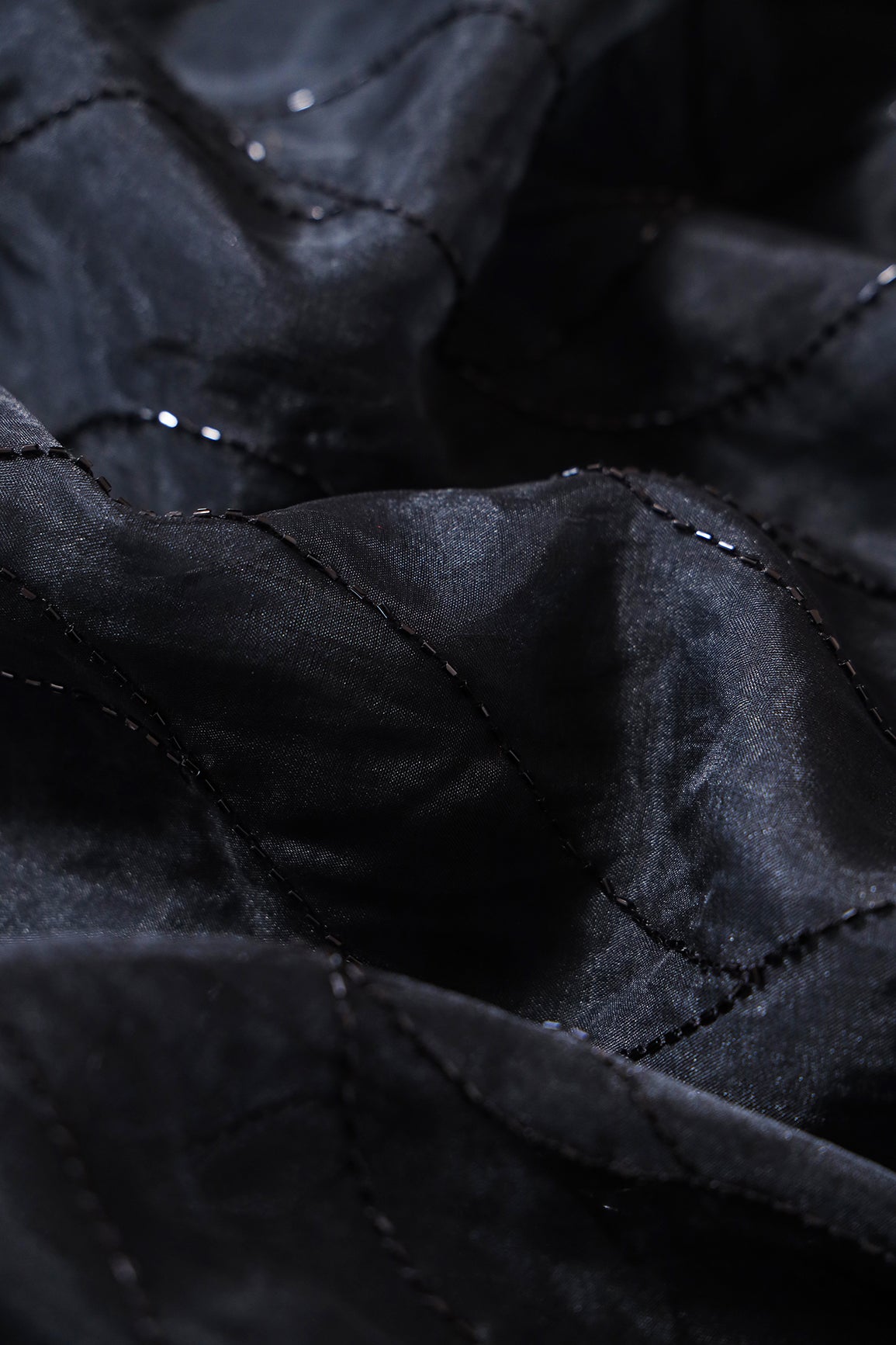 Cut Dana Beads Wonderful Wavy Embroidery On Black Organza Fabric