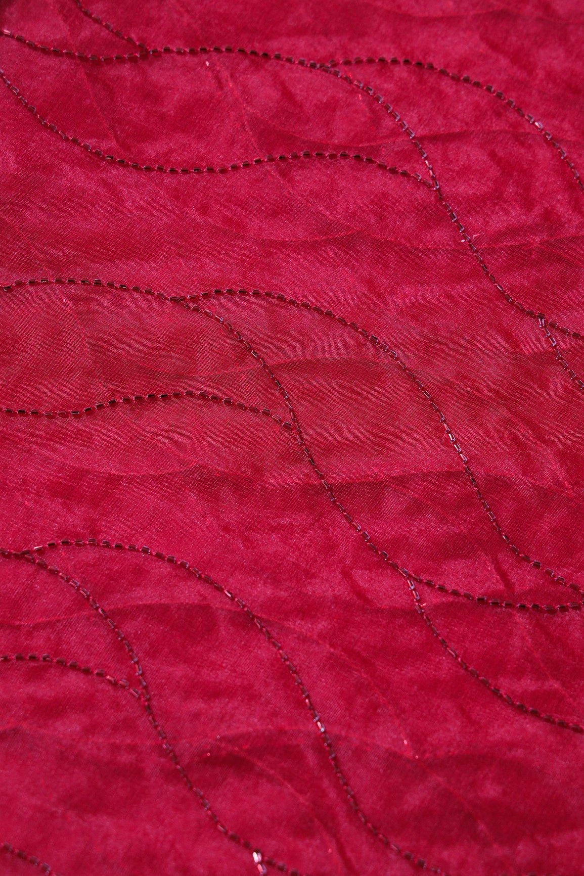 Cut Dana Beads Wonderful Wavy Embroidery On Red Organza Fabric