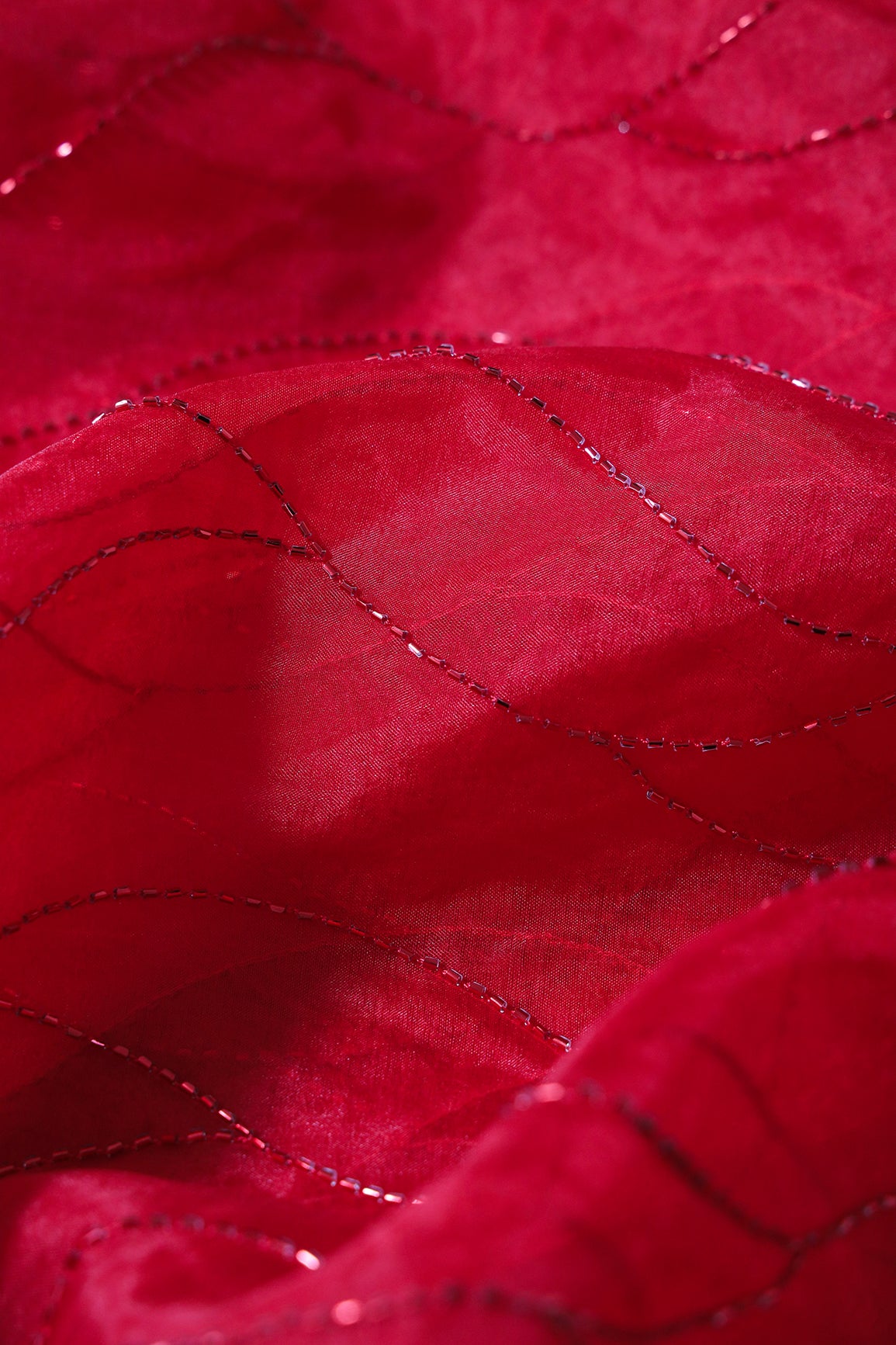 Cut Dana Beads Wonderful Wavy Embroidery On Red Organza Fabric