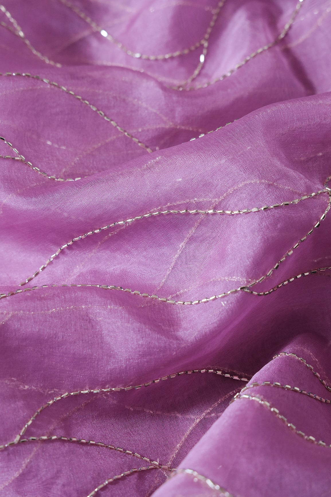 Cut Dana Beads Wonderful Wavy Embroidery On Lavender Organza Fabric