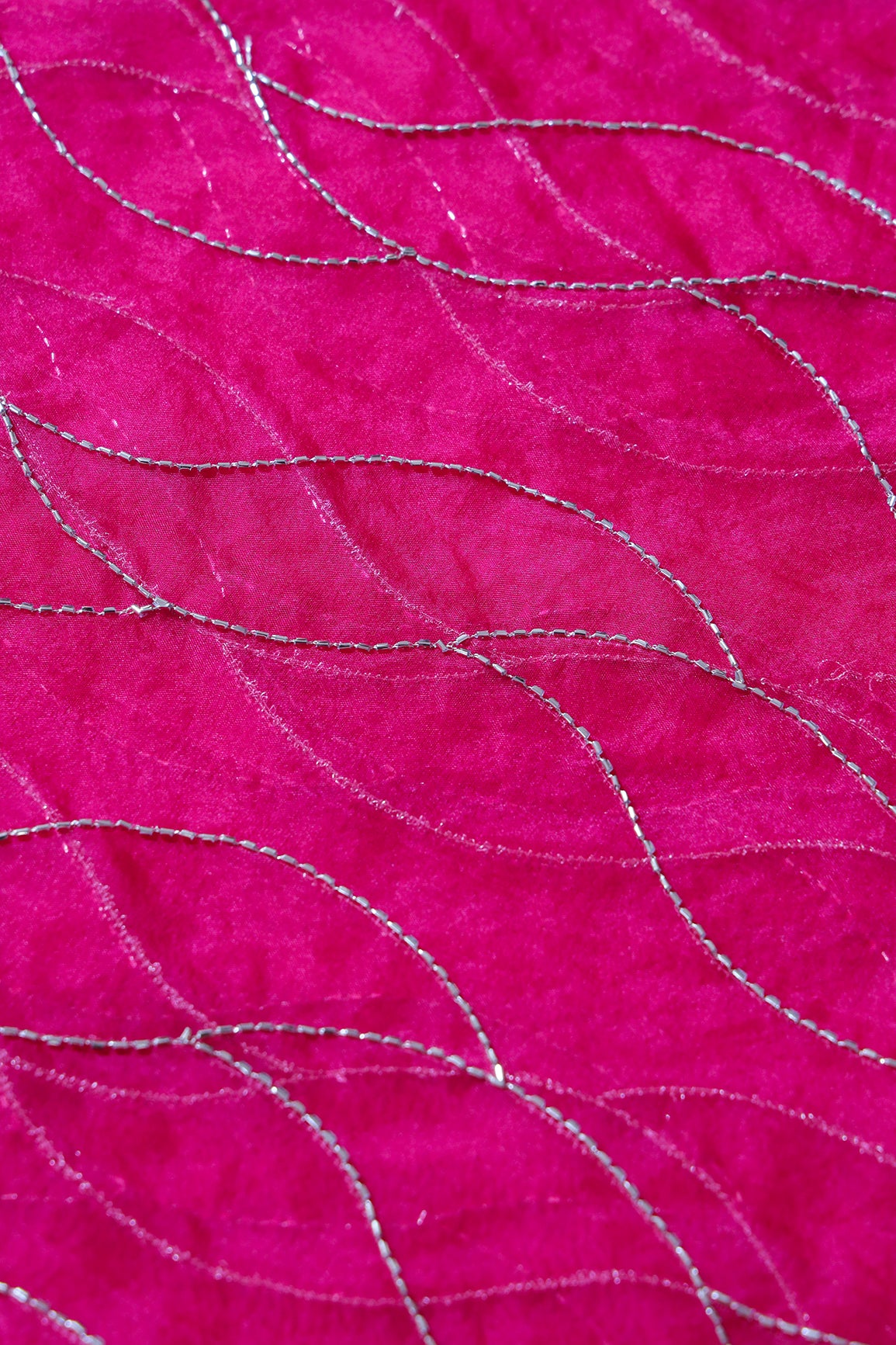 Cut Dana Beads Wonderful Wavy Embroidery On Fuchsia Organza Fabric