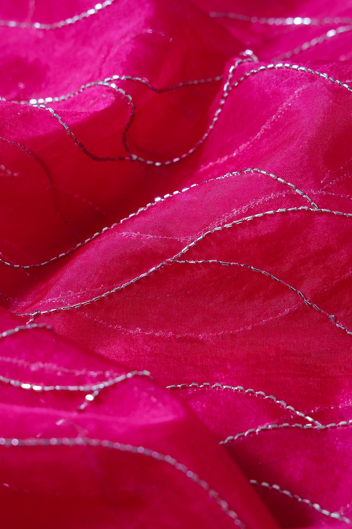 Cut Dana Beads Wonderful Wavy Embroidery On Fuchsia Organza Fabric