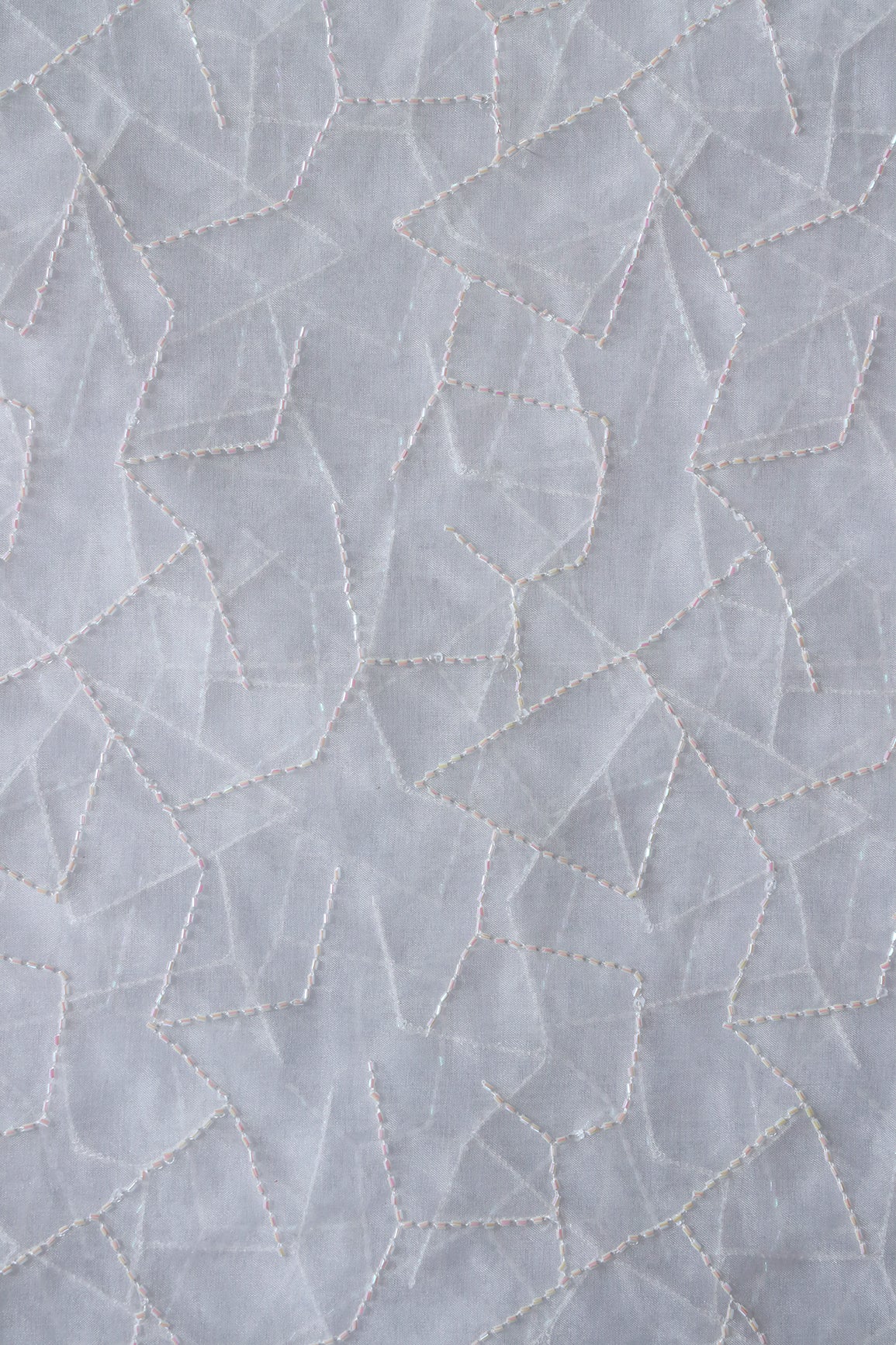 Cut Dana Beads Appealing Abstract Embroidery On White Dyeable Organza Fabric