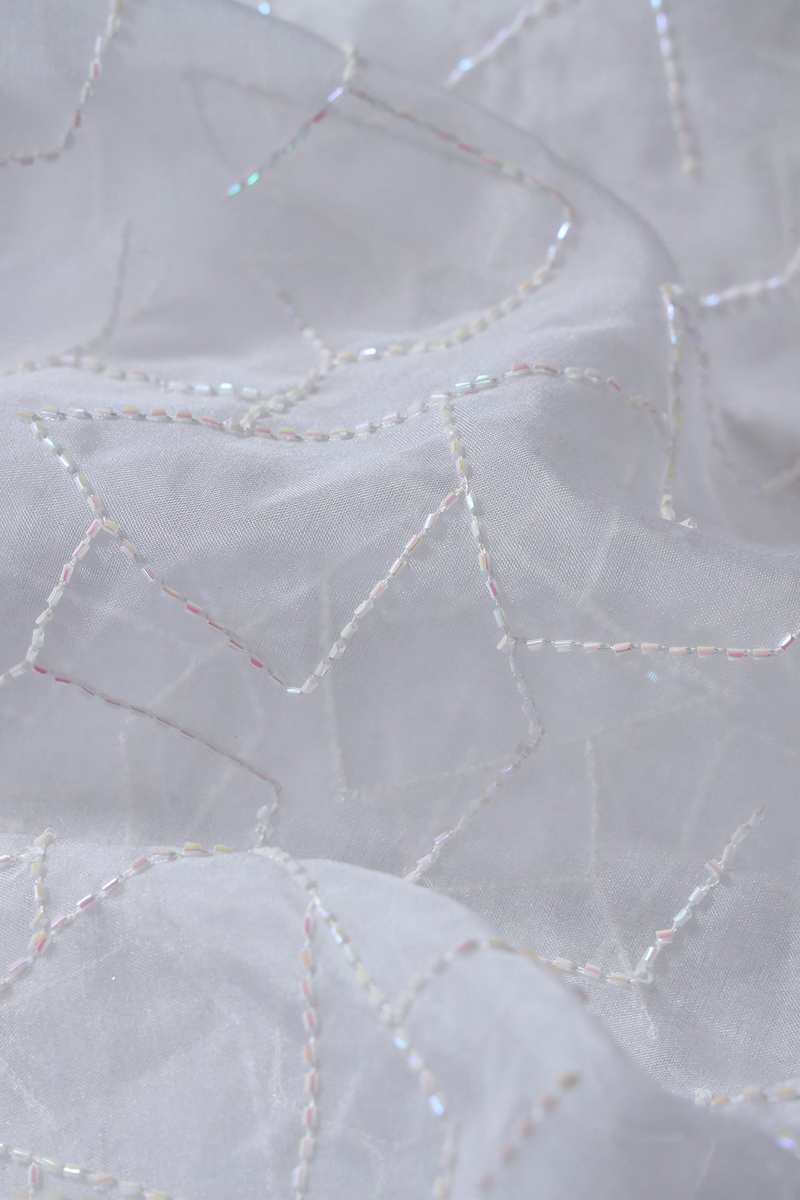 Cut Dana Beads Appealing Abstract Embroidery On White Dyeable Organza Fabric
