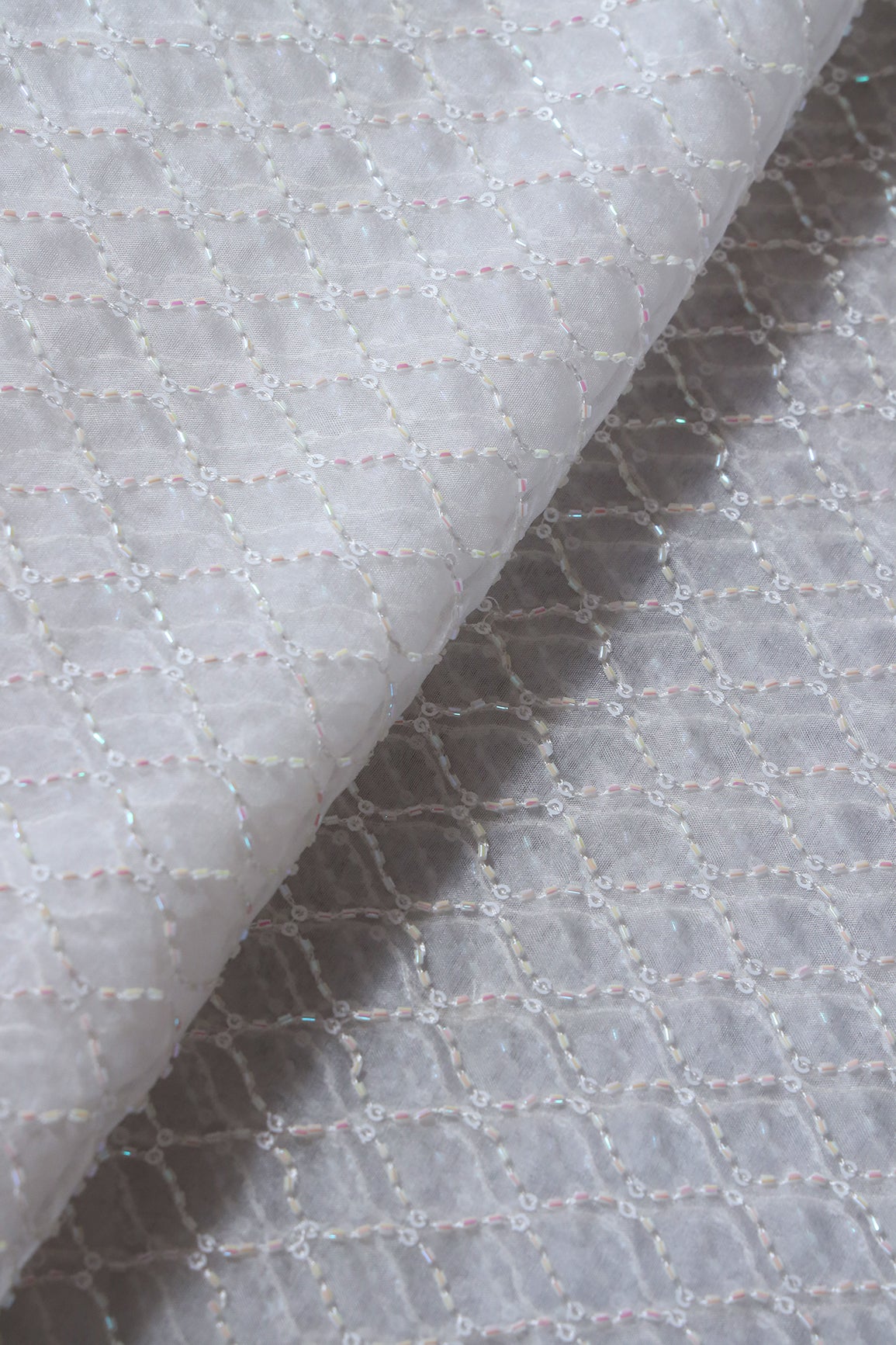 Cut Dana Beads Beautiful Ogee Embroidery On White Dyeable Organza Fabric