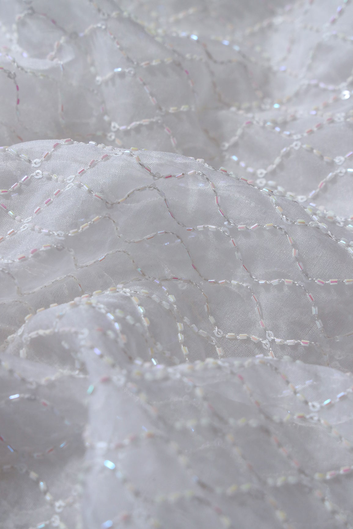 Cut Dana Beads Beautiful Ogee Embroidery On White Dyeable Organza Fabric