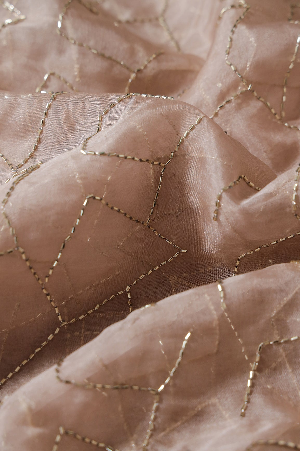 Cut Dana Beads Appealing Abstract Embroidery On Beige Organza Fabric