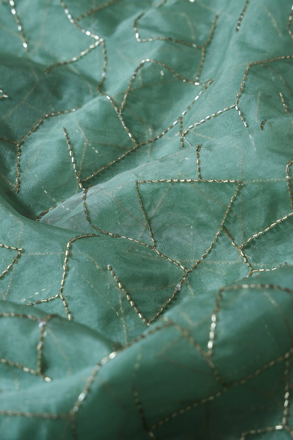 Cut Dana Beads Appealing Abstract Embroidery On Olive Organza Fabric