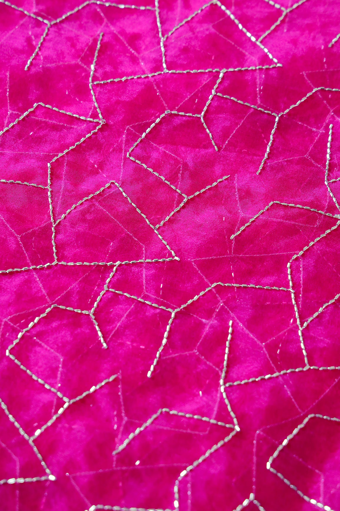 Cut Dana Beads Appealing Abstract Embroidery On Fuchsia Organza Fabric