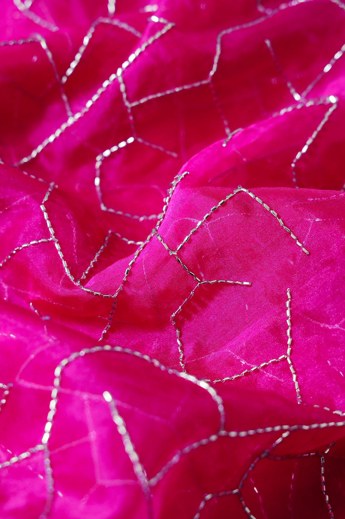 Cut Dana Beads Appealing Abstract Embroidery On Fuchsia Organza Fabric