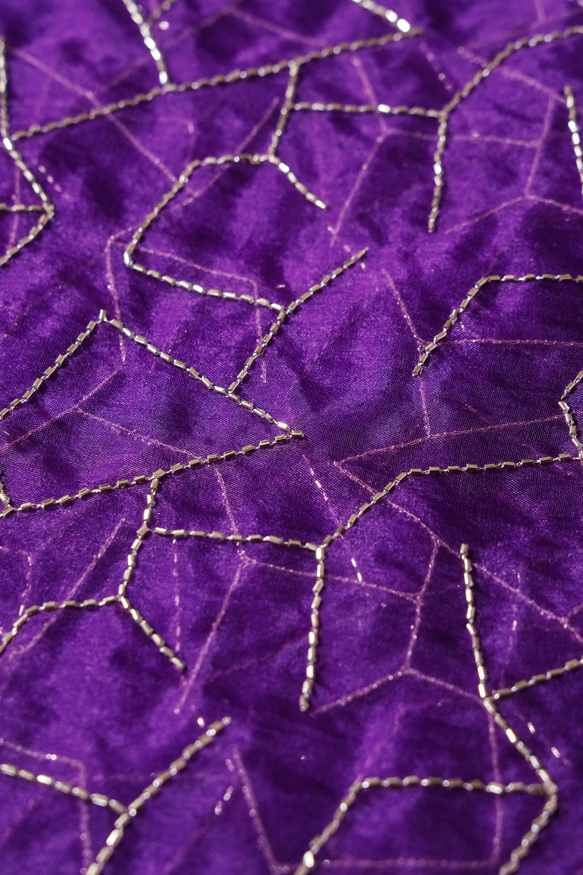 Cut Dana Beads Appealing Abstract Embroidery On Purple Organza Fabric