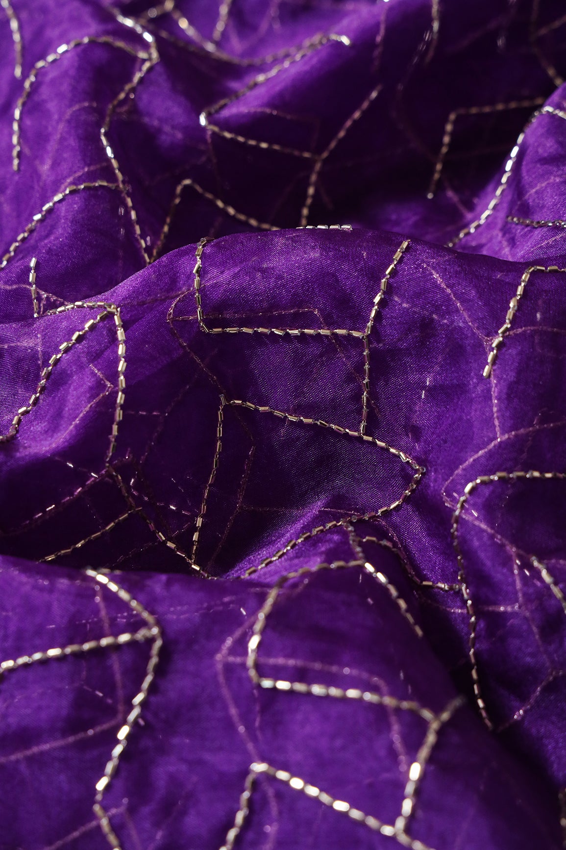 Cut Dana Beads Appealing Abstract Embroidery On Purple Organza Fabric