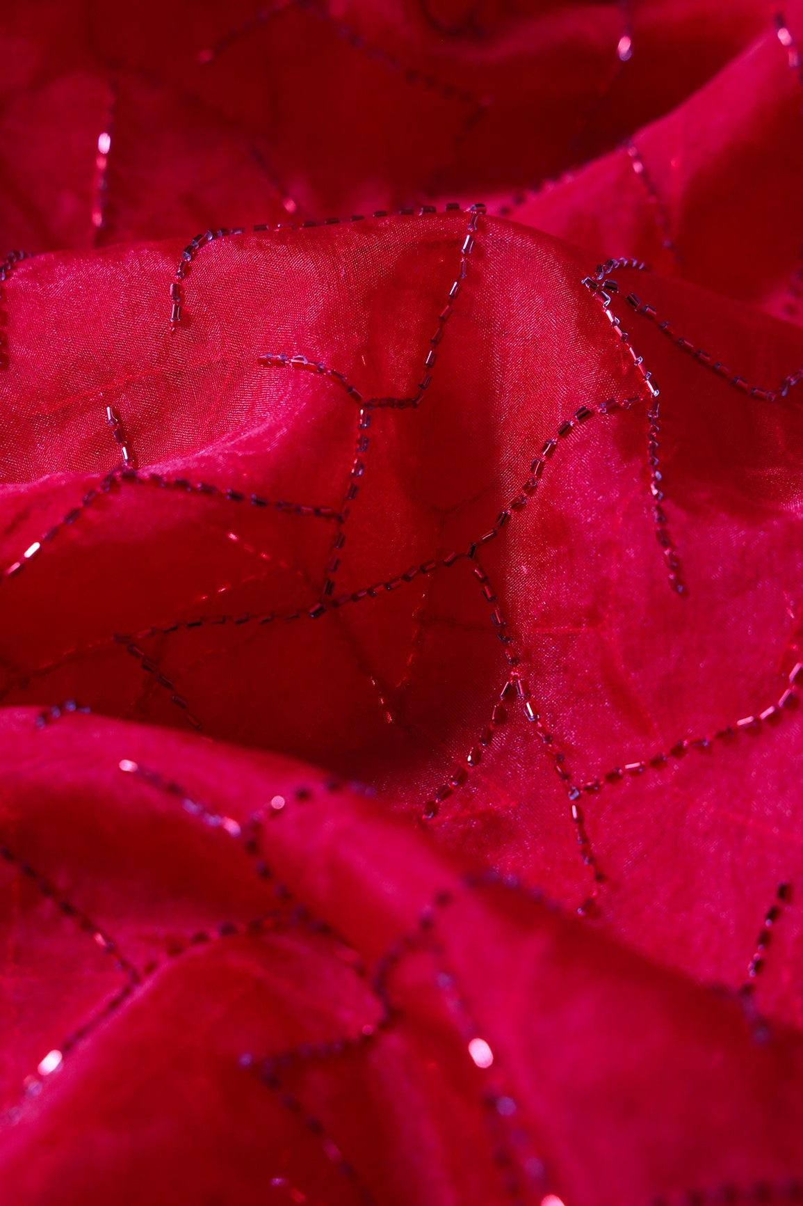 Cut Dana Beads Appealing Abstract Embroidery On Red Organza Fabric