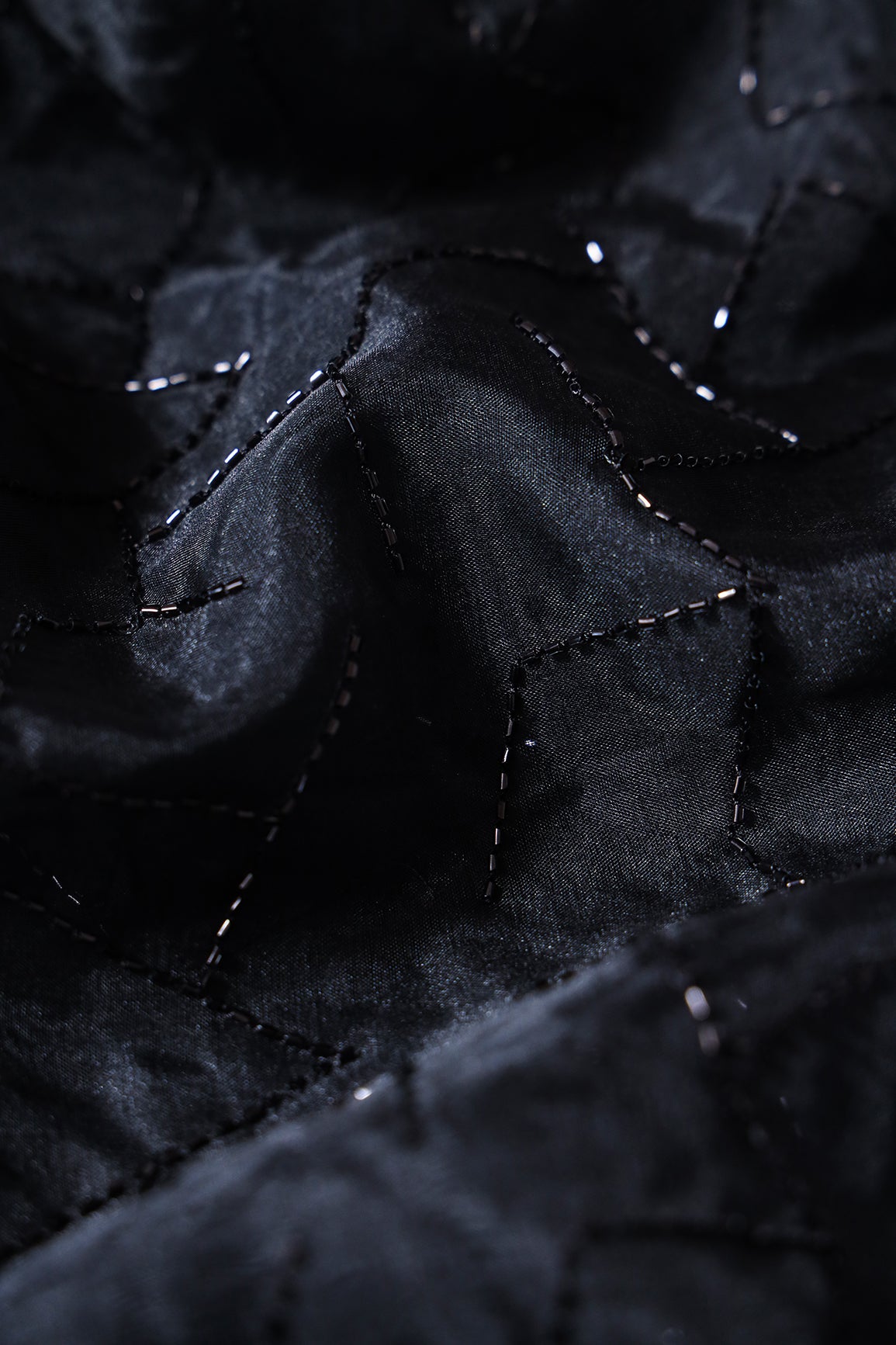 Cut Dana Beads Appealing Abstract Embroidery On Black Organza Fabric