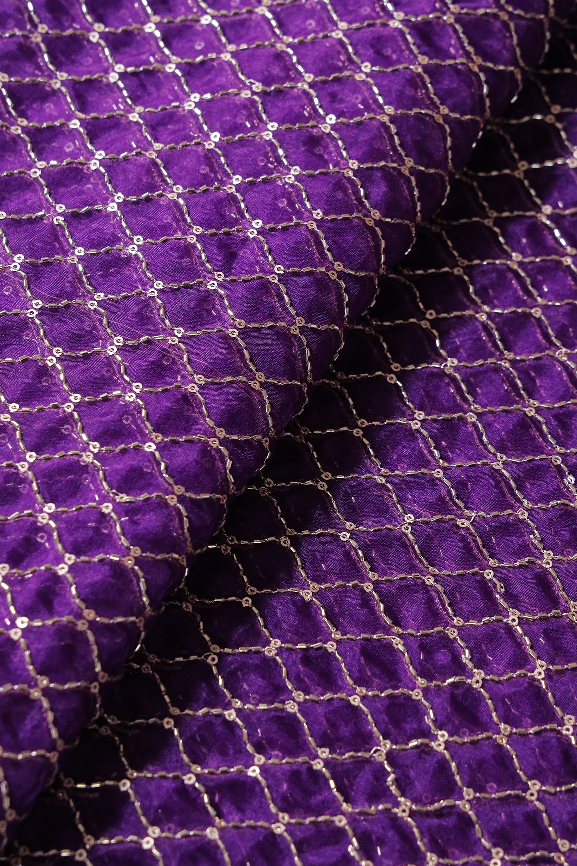 Cut Dana Beads Beautiful Ogee Embroidery On Purple Organza Fabric