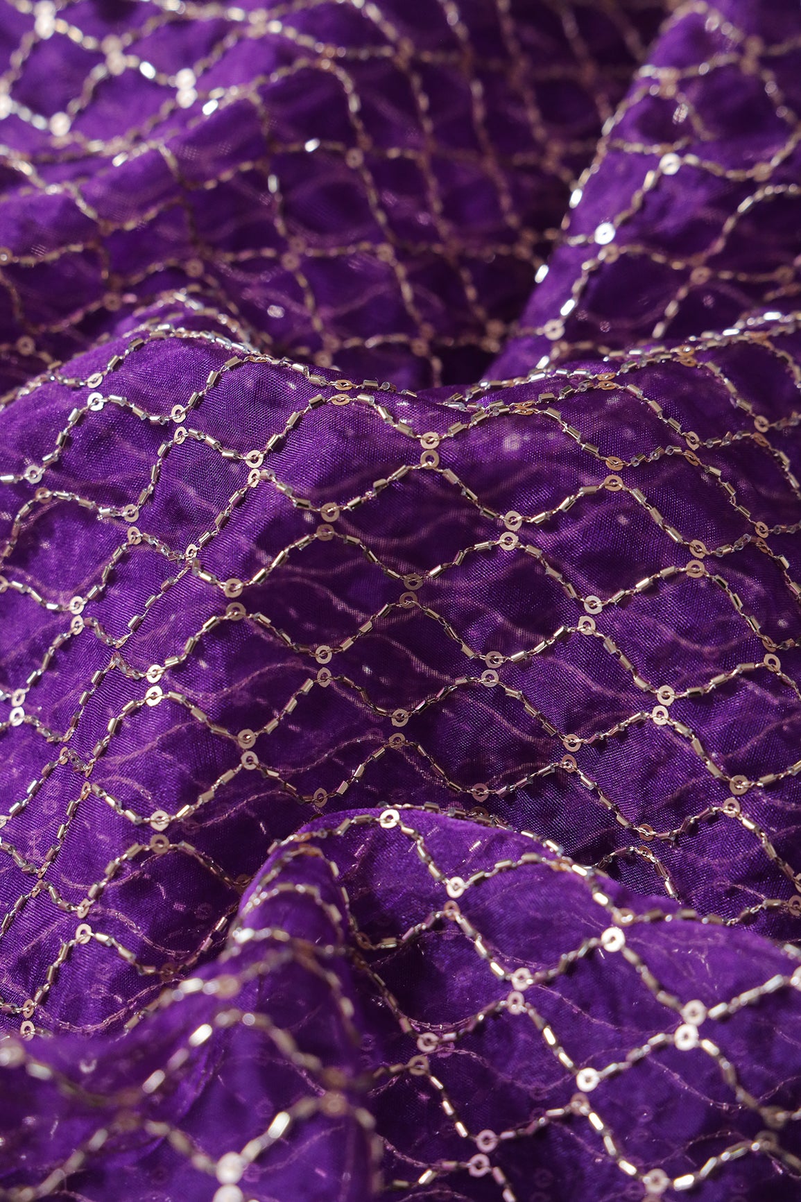 Cut Dana Beads Beautiful Ogee Embroidery On Purple Organza Fabric