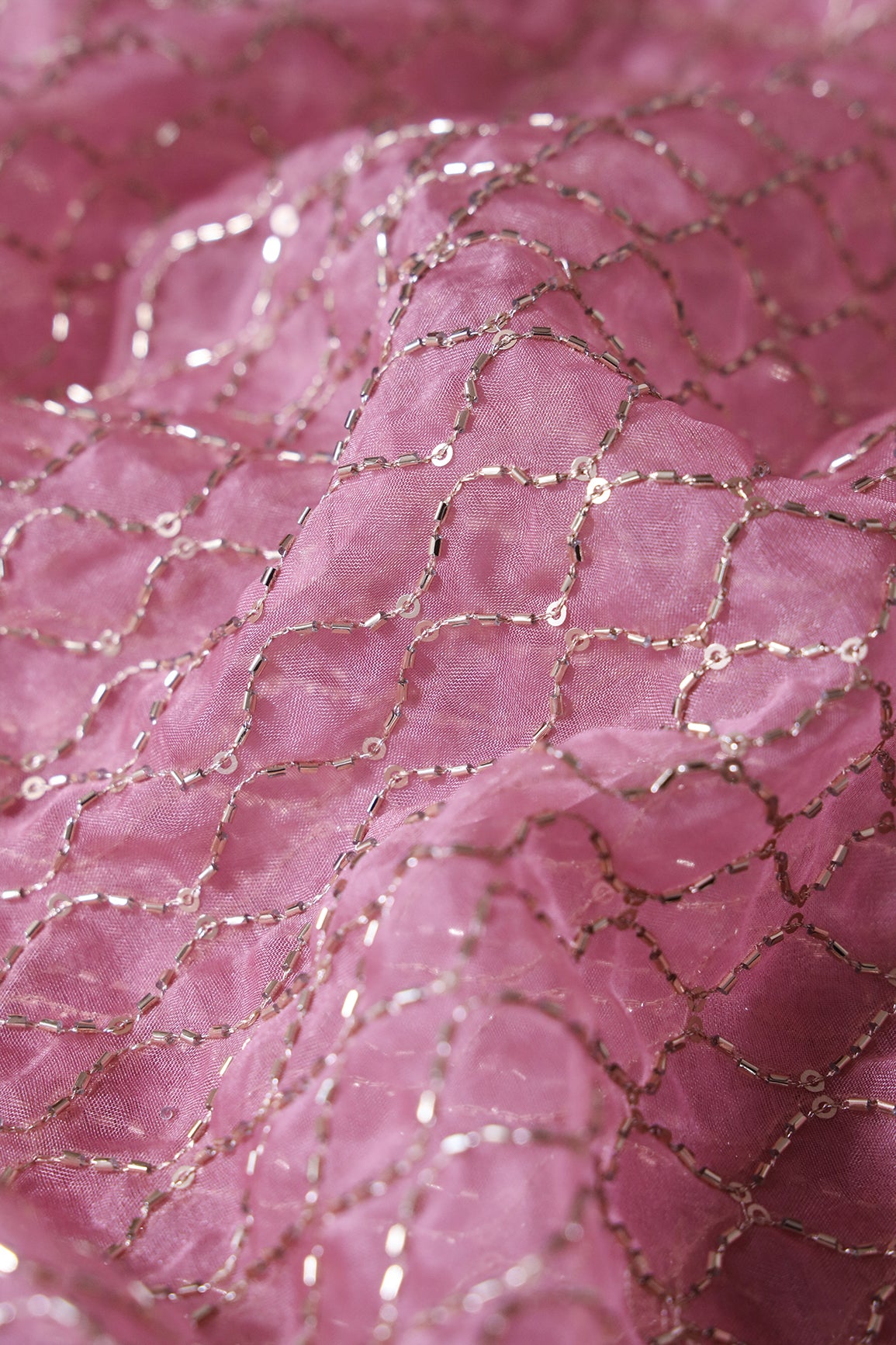 Cut Dana Beads Beautiful Ogee Embroidery On Gajri Pink Organza Fabric