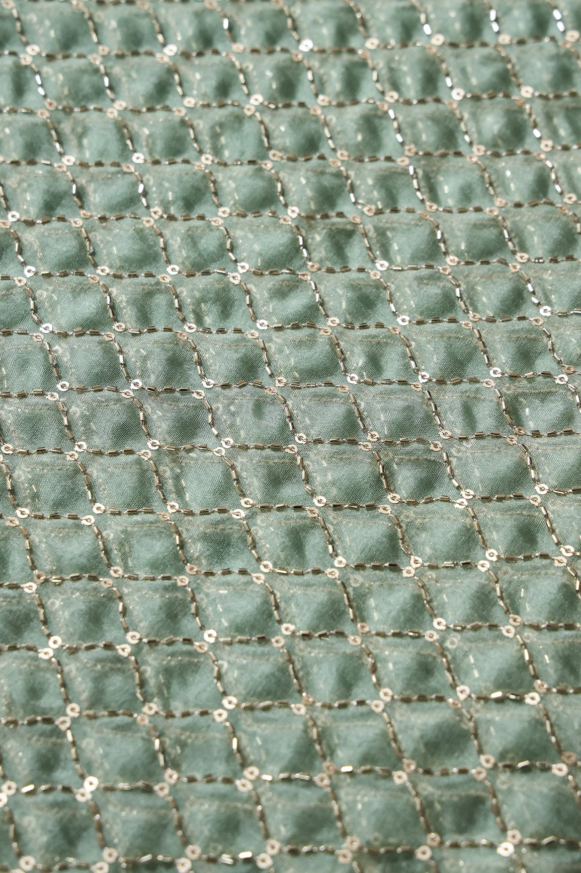 Cut Dana Beads Beautiful Ogee Embroidery On Olive Organza Fabric