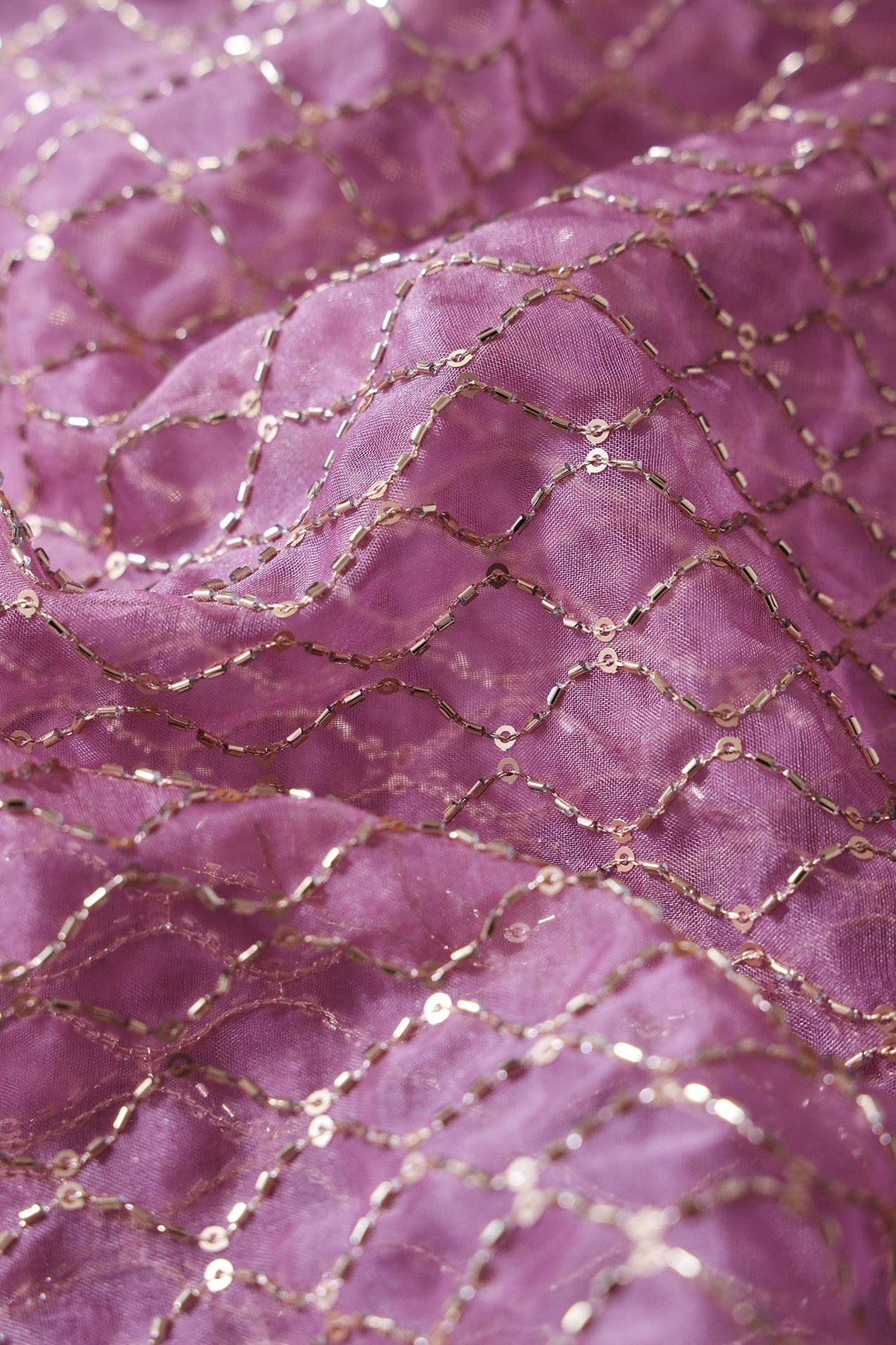 Cut Dana Beads Beautiful Ogee Embroidery On Lavender Organza Fabric
