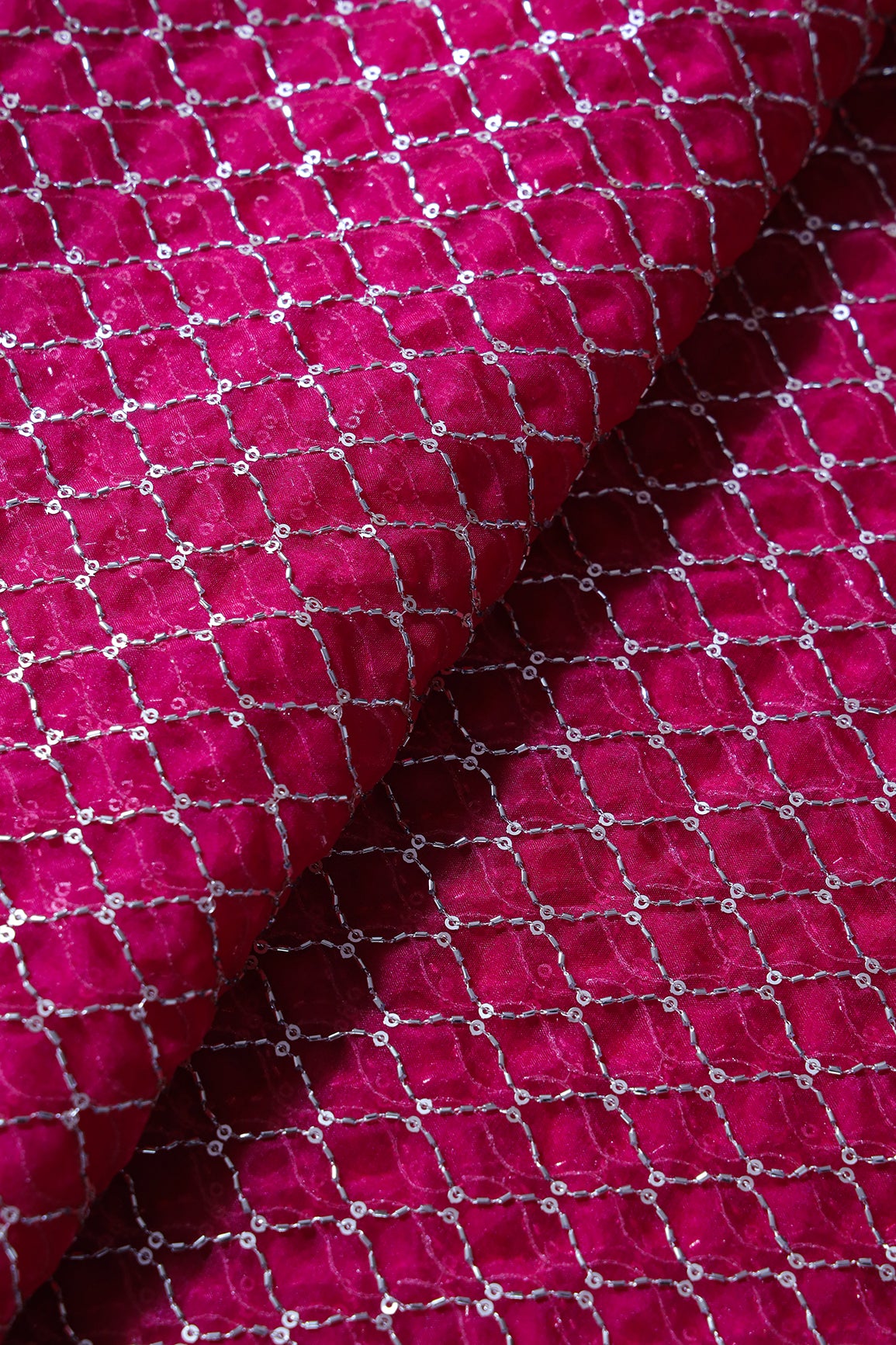 Cut Dana Beads Beautiful Ogee Embroidery On Fuchsia Organza Fabric