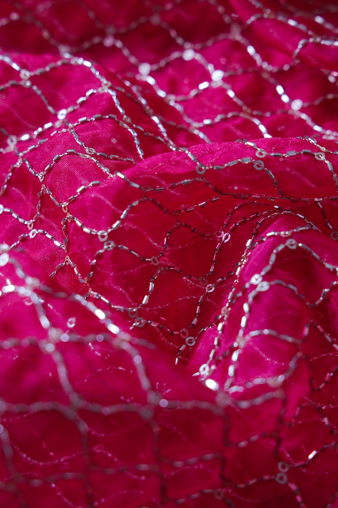 Cut Dana Beads Beautiful Ogee Embroidery On Fuchsia Organza Fabric