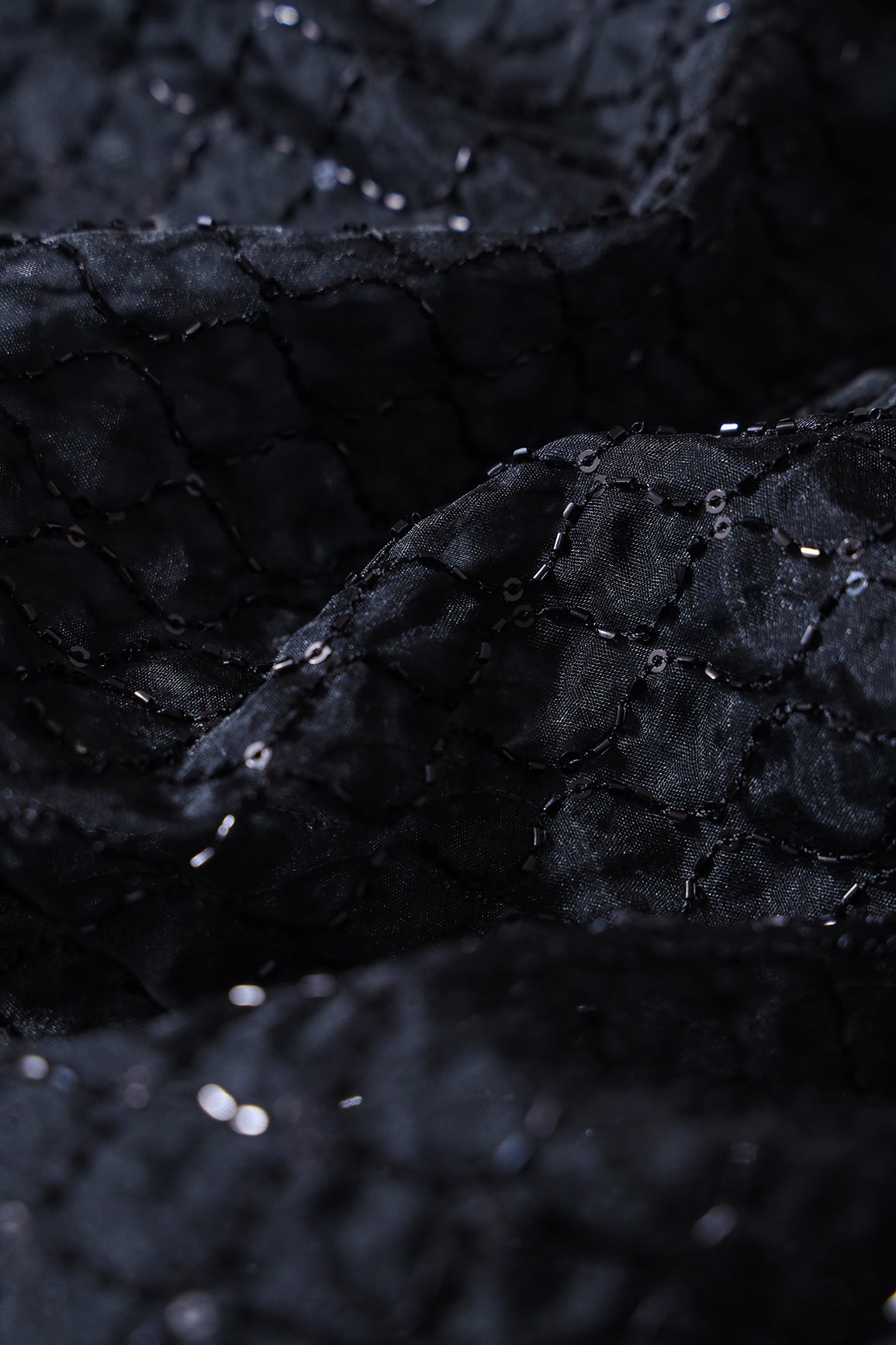 Cut Dana Beads Beautiful Ogee Embroidery On Black Organza Fabric