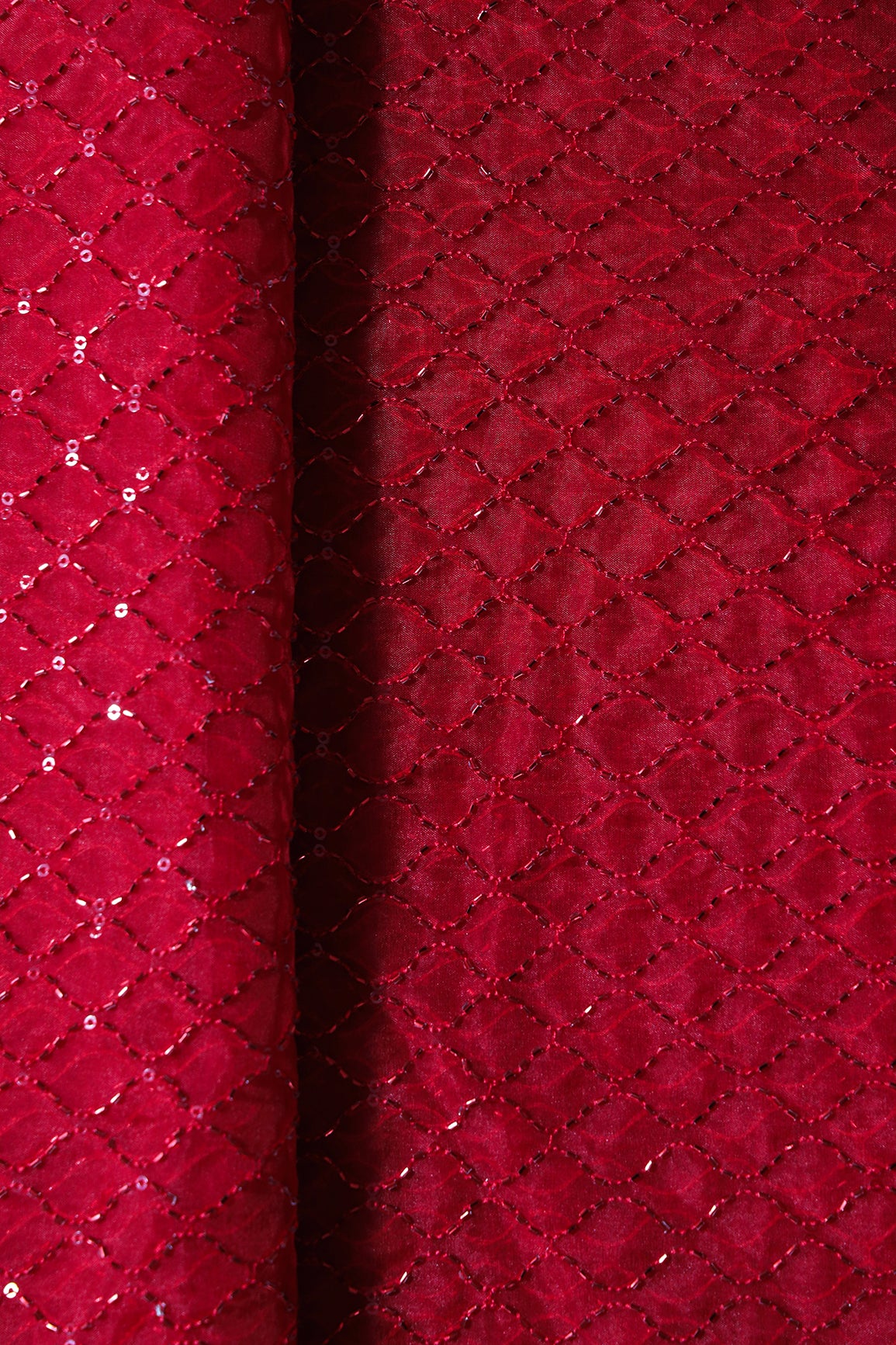 Cut Dana Beads Beautiful Ogee Embroidery On Red Organza Fabric