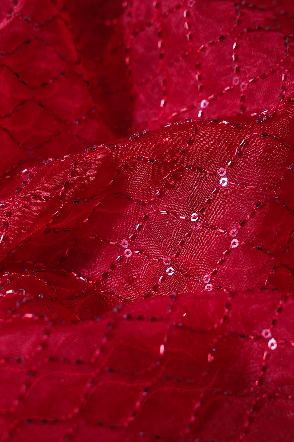 Cut Dana Beads Beautiful Ogee Embroidery On Red Organza Fabric