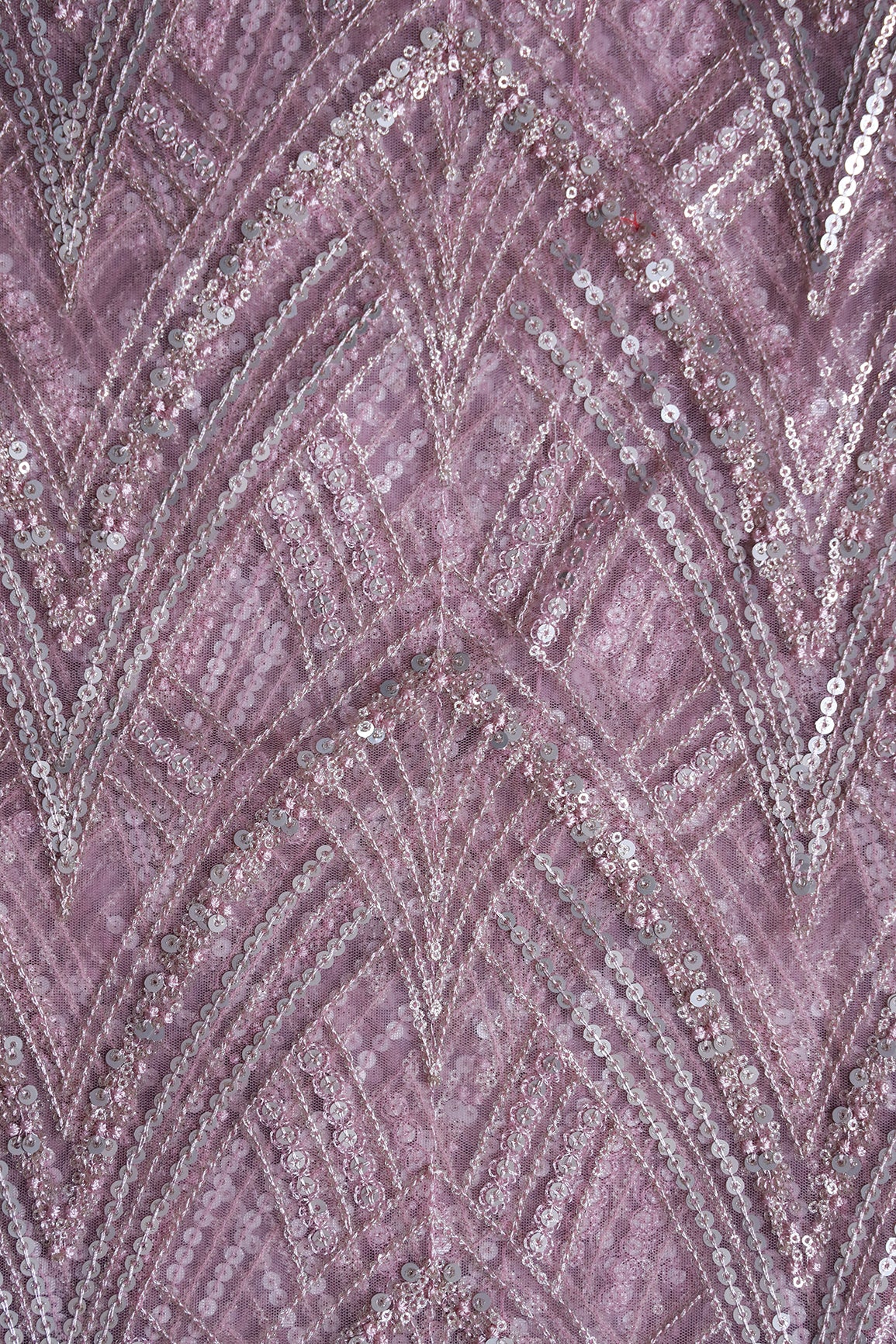 Mauve Thread With Gold And Silver Sequins Geometric Embroidery Work On Mauve Soft Net Fabric
