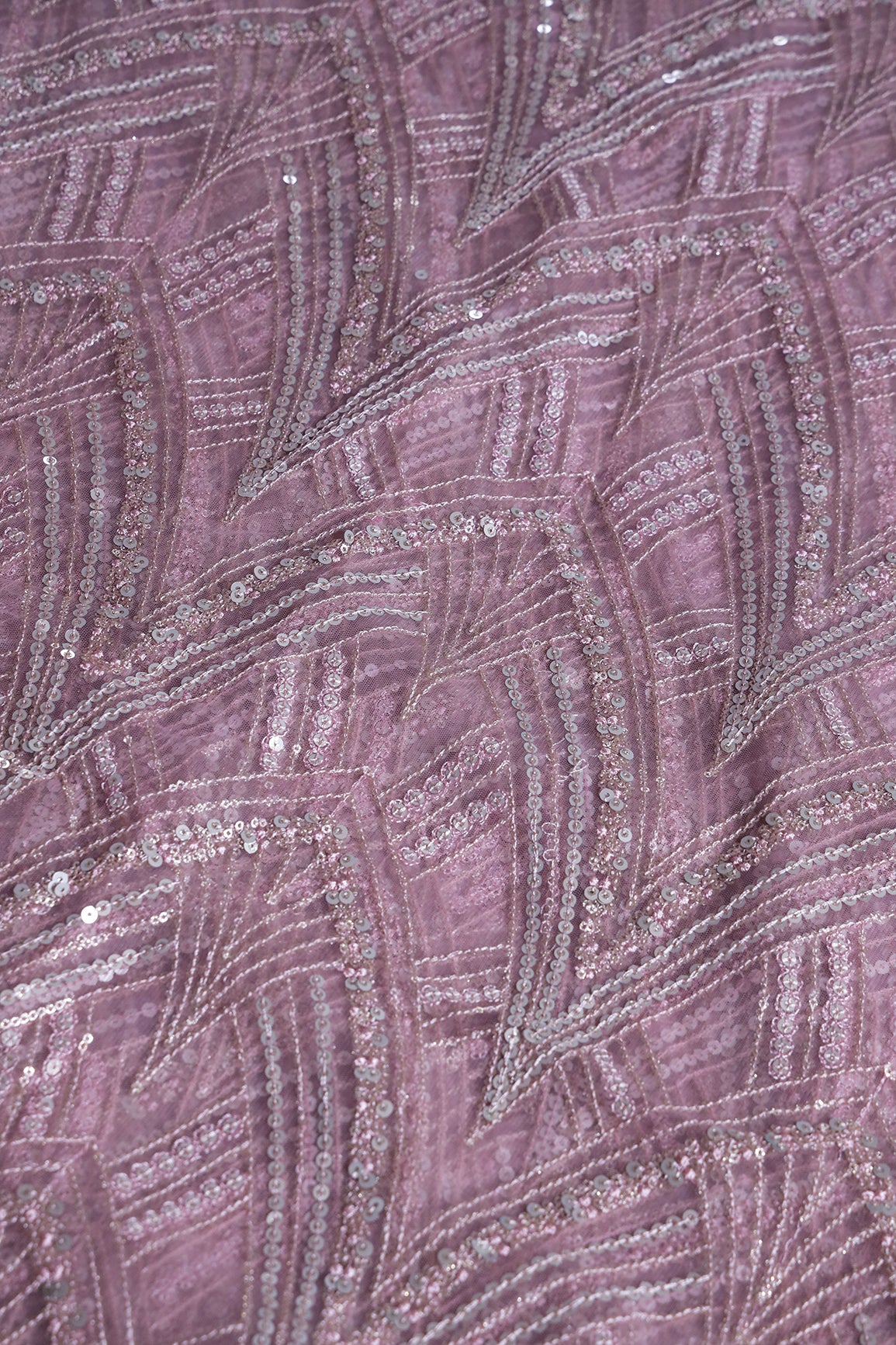 Mauve Thread With Gold And Silver Sequins Geometric Embroidery Work On Mauve Soft Net Fabric