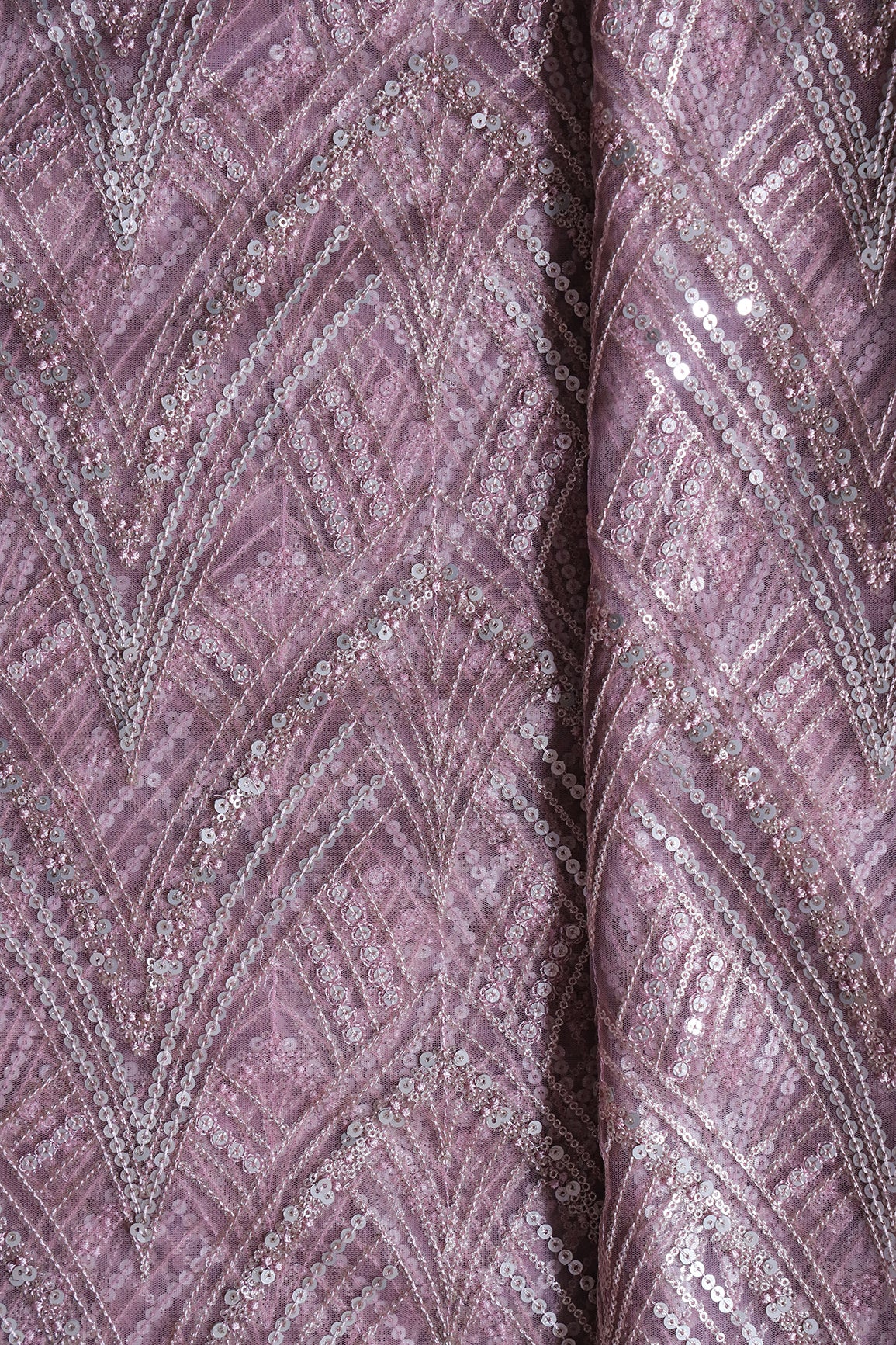 Mauve Thread With Gold And Silver Sequins Geometric Embroidery Work On Mauve Soft Net Fabric