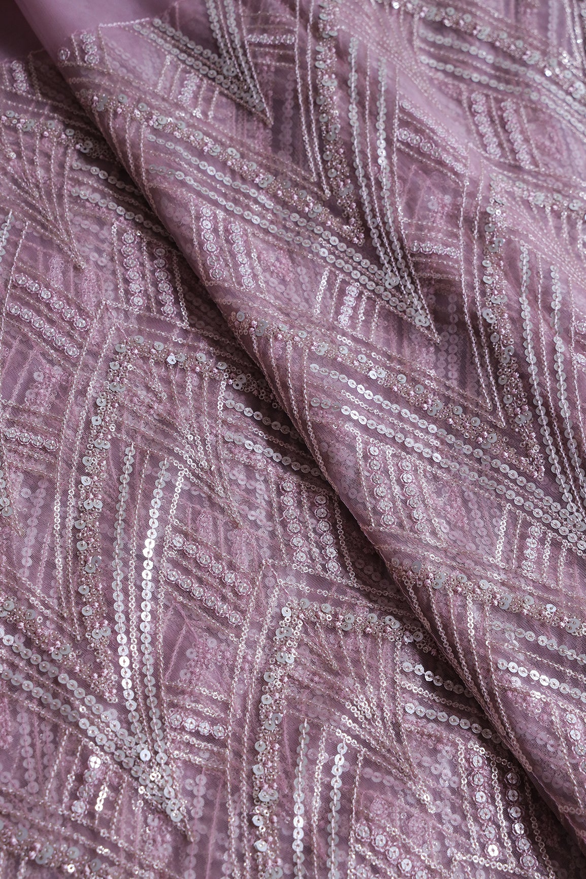 Mauve Thread With Gold And Silver Sequins Geometric Embroidery Work On Mauve Soft Net Fabric