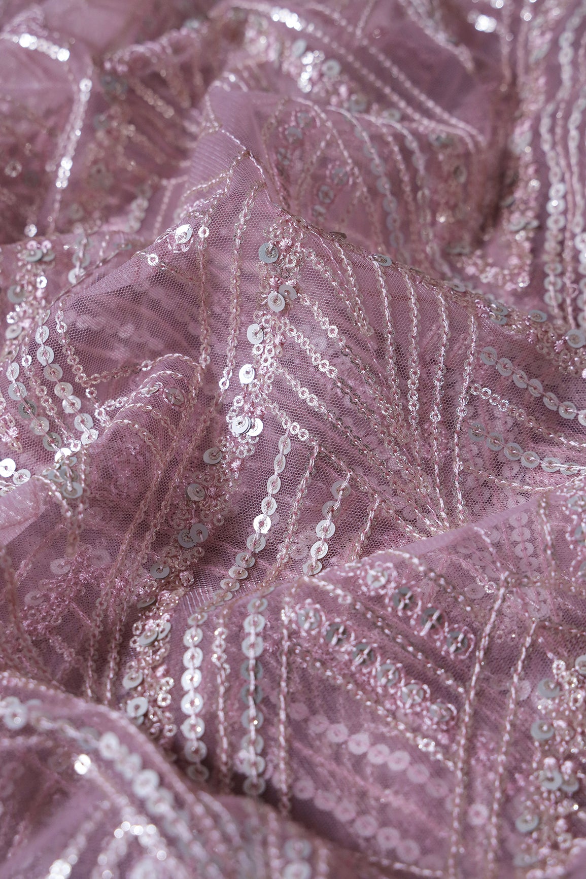 Mauve Thread With Gold And Silver Sequins Geometric Embroidery Work On Mauve Soft Net Fabric