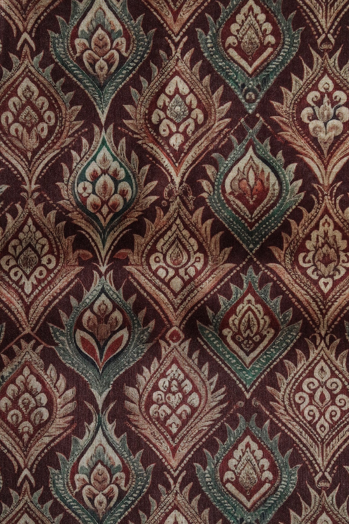 Cream Trellis Pattern Digital Print On Maroon Mulberry Silk Fabric