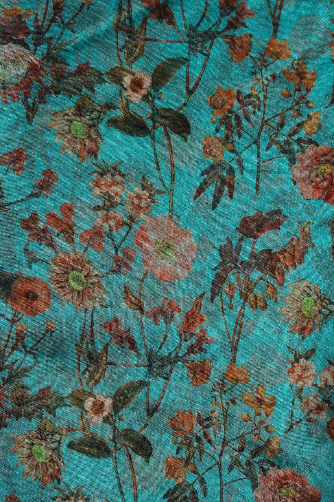 Orange Floral Pattern Digital Print On Rama Organza Fabric