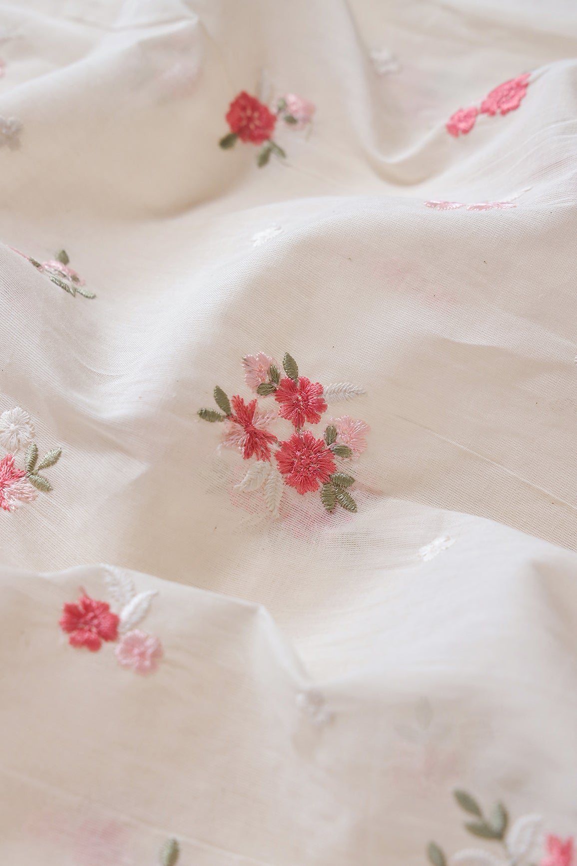 Pink And Olive Thread Beautiful Floral Embroidery On Off White Organic Cotton Fabric