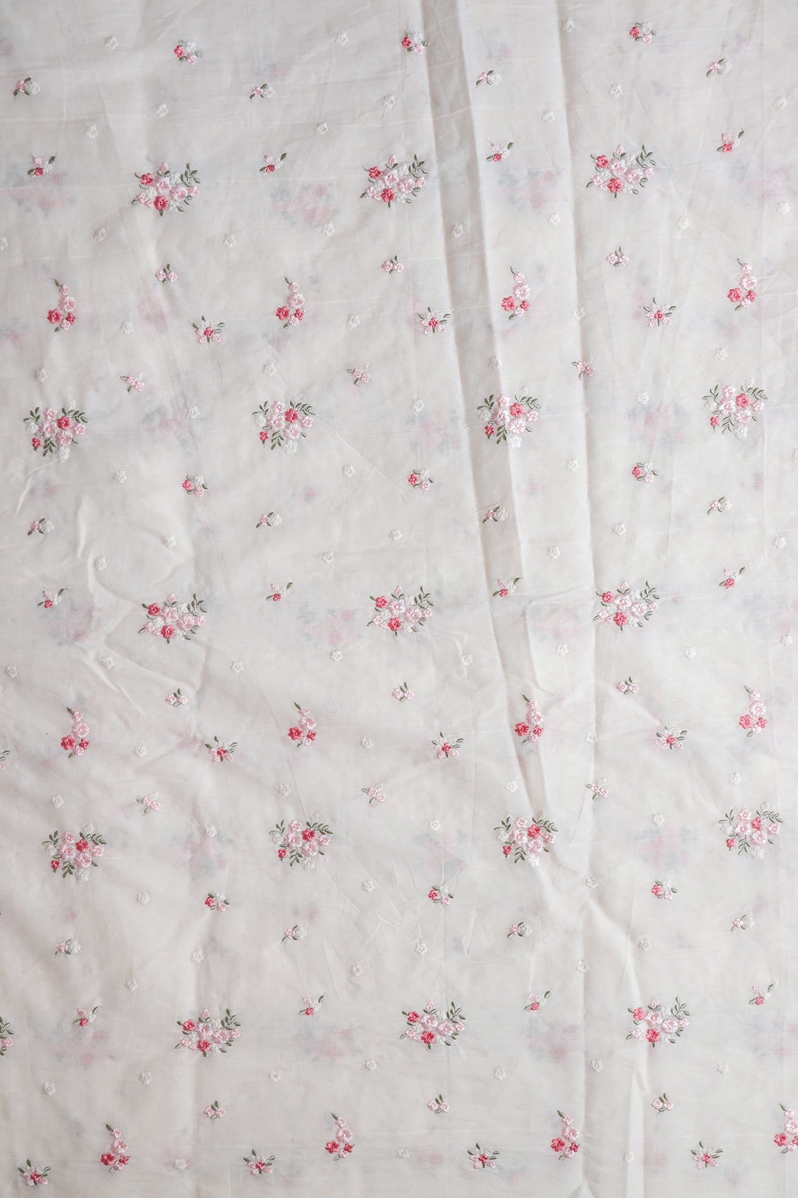 Baby Pink And Olive Thread Beautiful Floral Embroidery On Off White Organic Cotton Fabric
