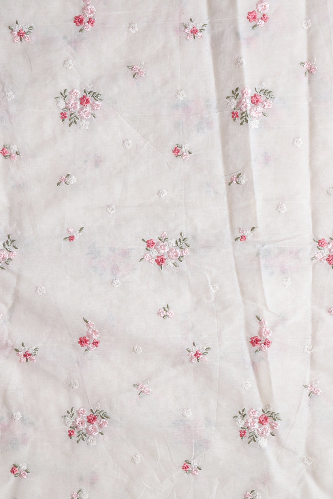 Baby Pink And Olive Thread Beautiful Floral Embroidery On Off White Organic Cotton Fabric