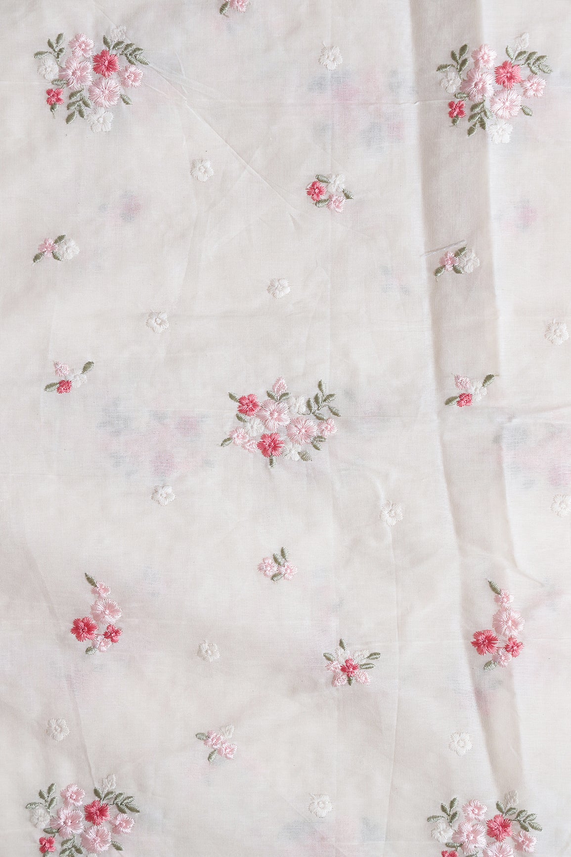 Baby Pink And Olive Thread Beautiful Floral Embroidery On Off White Organic Cotton Fabric
