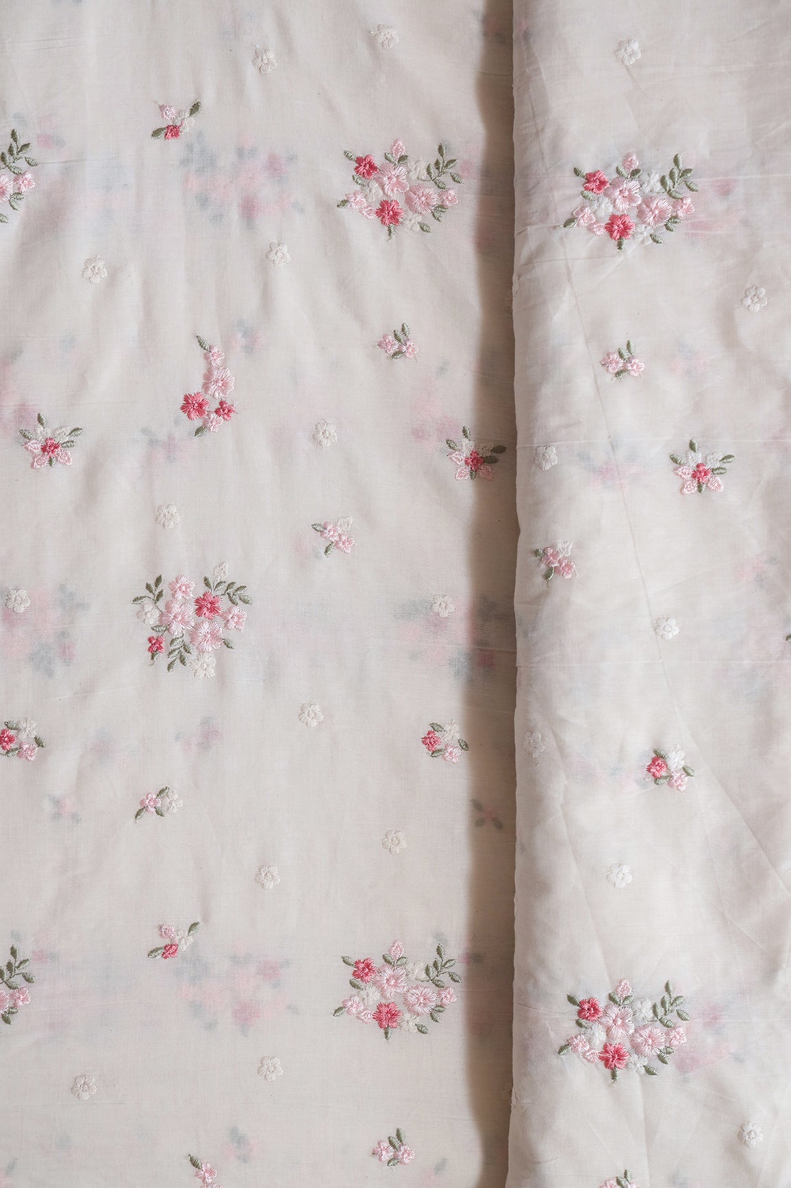Baby Pink And Olive Thread Beautiful Floral Embroidery On Off White Organic Cotton Fabric