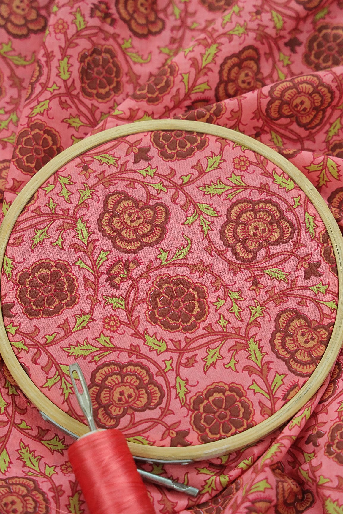 Baby Pink and Pink Floral Screen Print on organic Cotton Fabric - doeraa