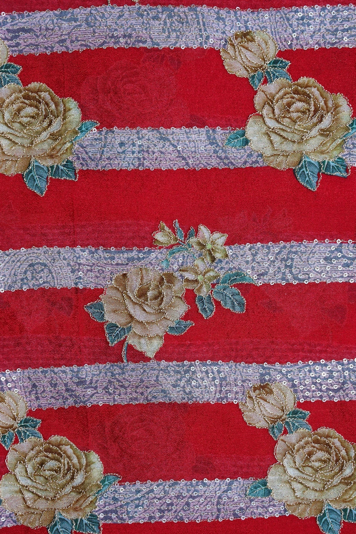 Beautiful Floral With Stripes Position Print On Sequins Embroidery Red Viscose Chinnon Chiffon Fabric - doeraa