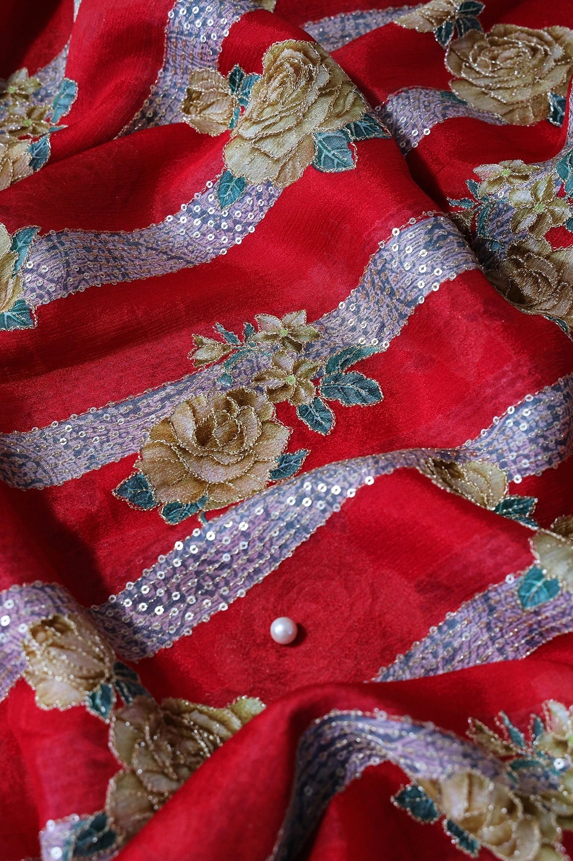 Beautiful Floral With Stripes Position Print On Sequins Embroidery Red Viscose Chinnon Chiffon Fabric - doeraa
