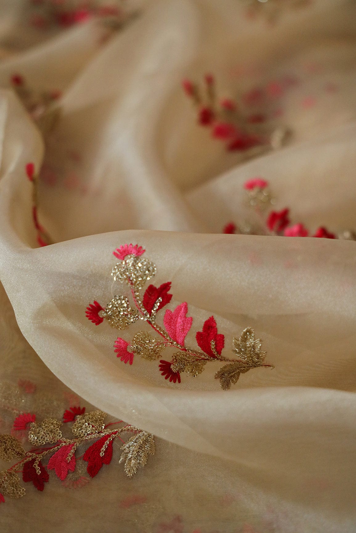 Beautiful Multi Color Leafy Embroidery Work On Beige Tissue Fabric - doeraa