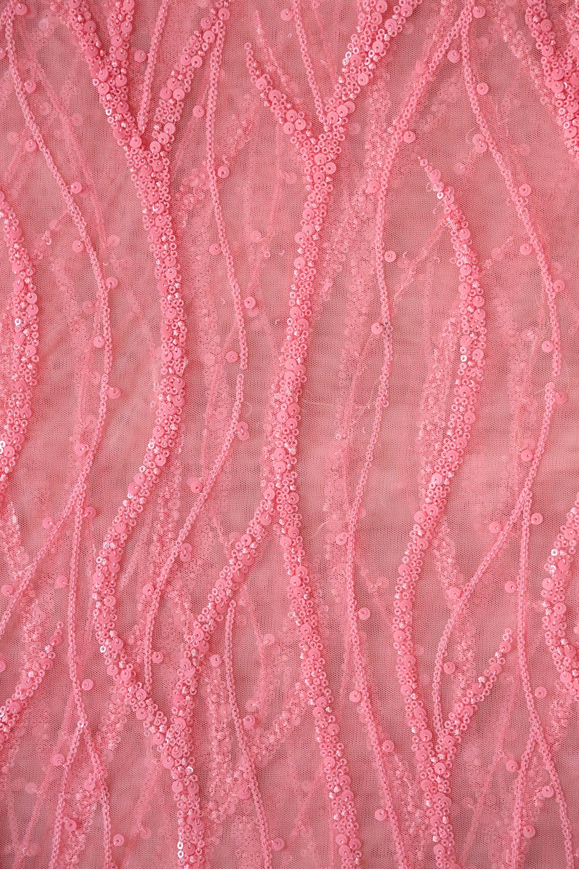 Beautiful Sequins With Pink Thread Wavy Embroidery Work On Pink Soft Net Fabric - doeraa
