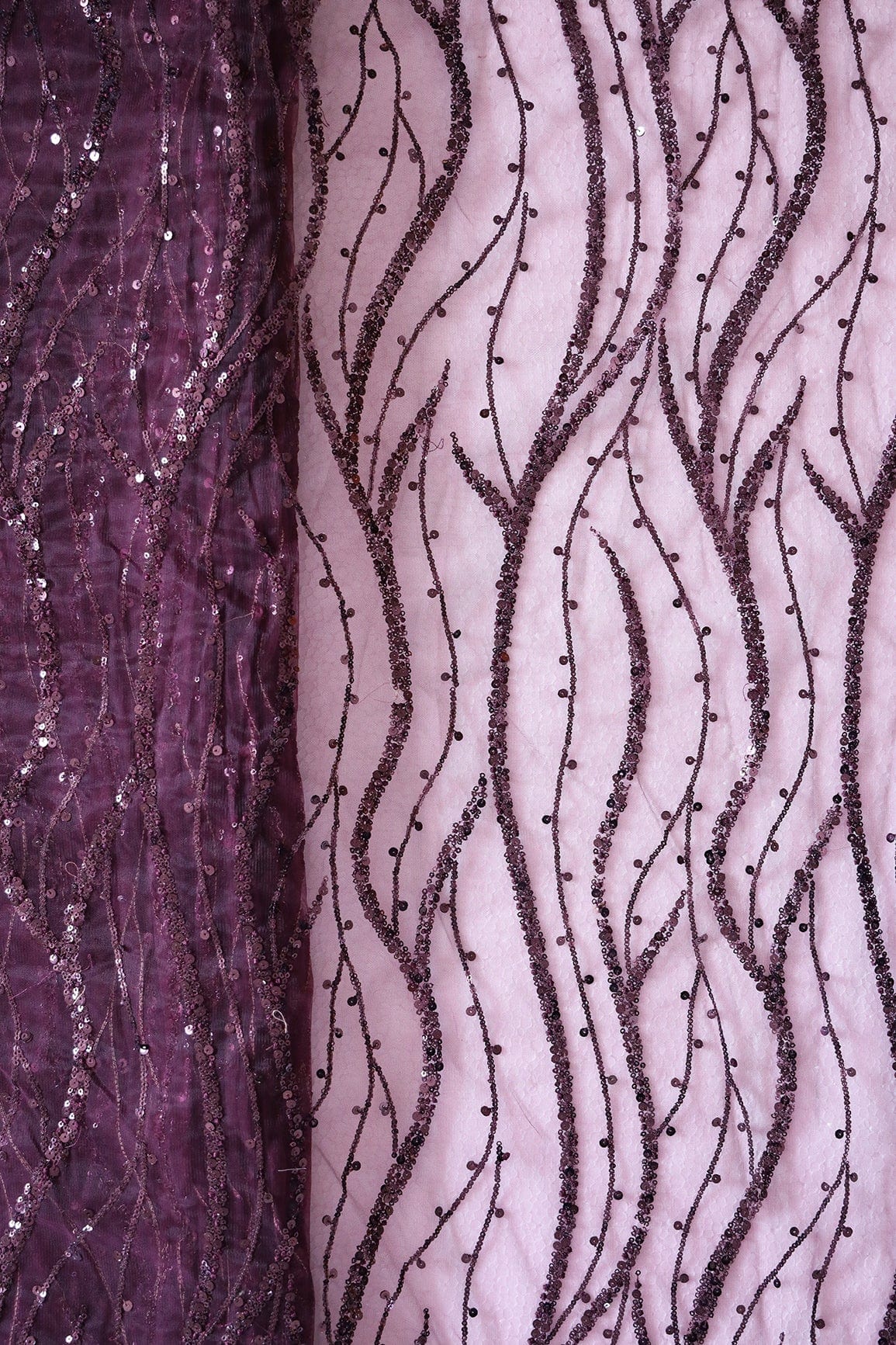 Beautiful Sequins With Wine Thread Wavy Embroidery Work On Wine Soft Net Fabric - doeraa