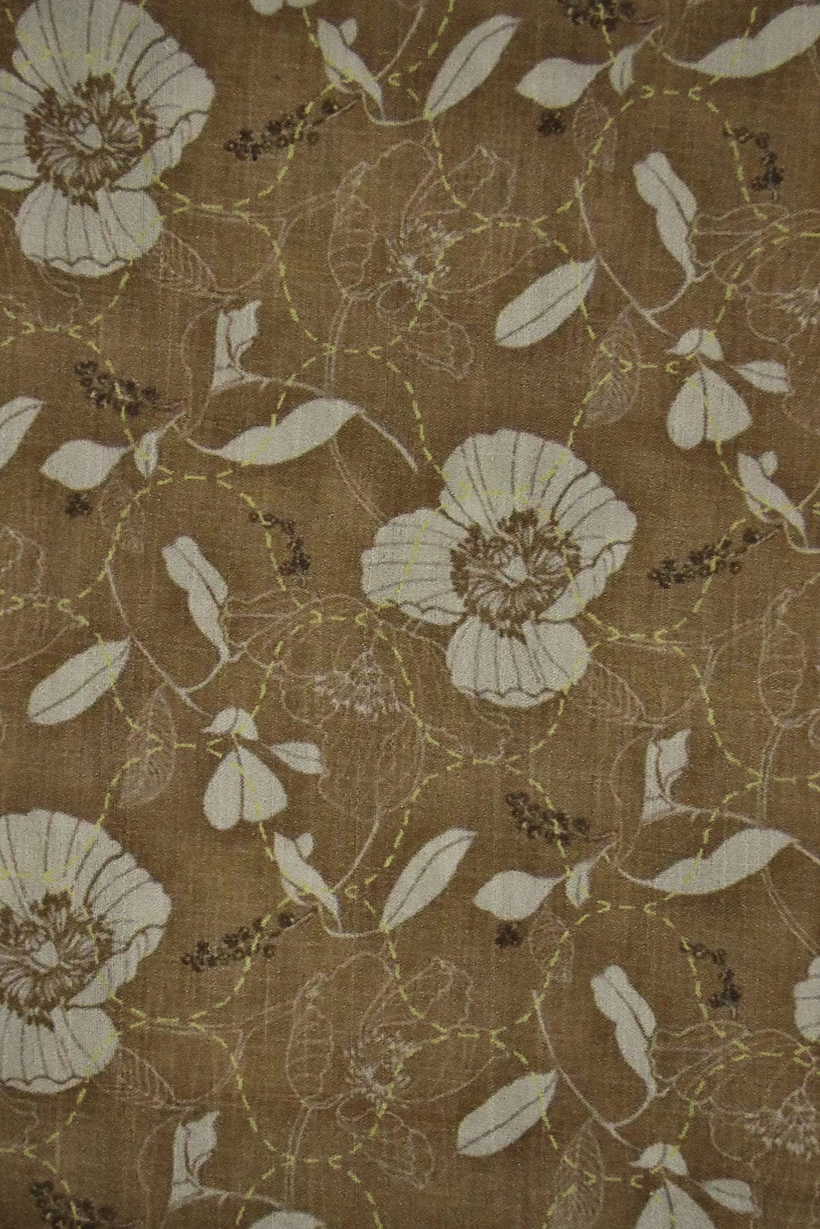 Beige Floral Digital Print on Tussar Satin Fabric - doeraa